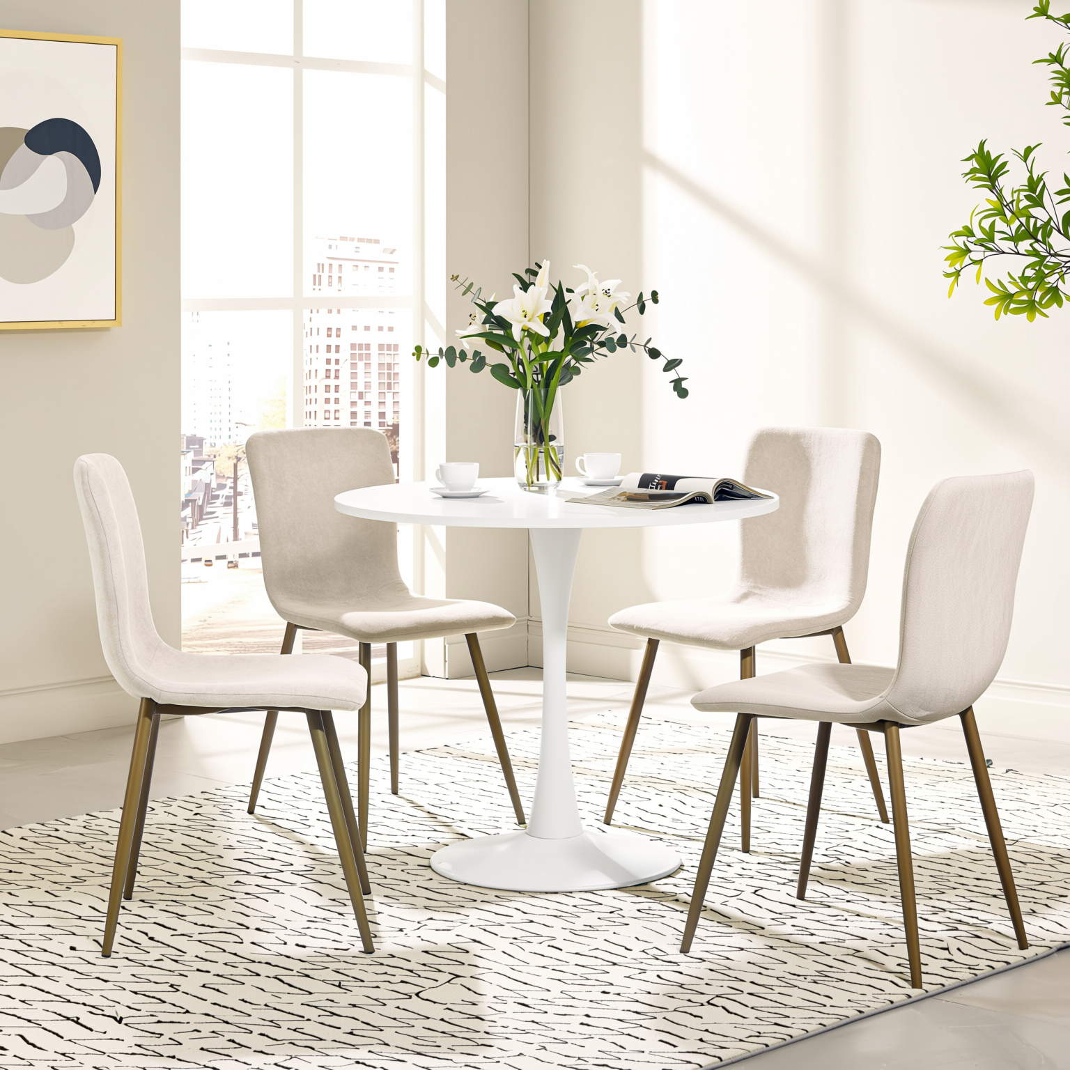 Homy Casa CLIFT 5PC Dining Set 31.5" Square White Table with 4 SCARGILL Beige Upholstered Chairs Open Box