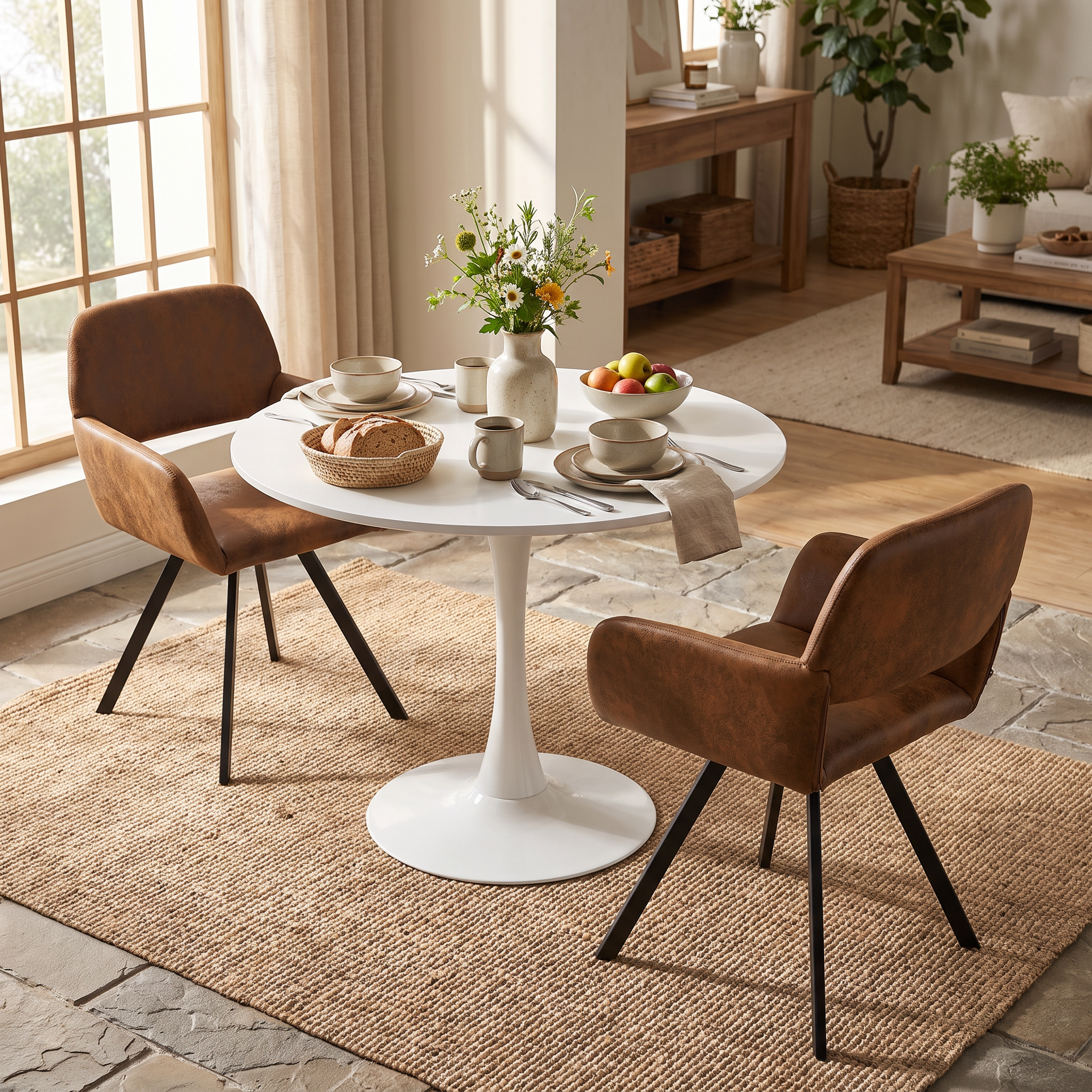 Homy Casa CLIFT+CALIFORNIA 3PC Dining Set 31.5” Round Table with 2 California Swivel Suede Brown Chairs Open Box
