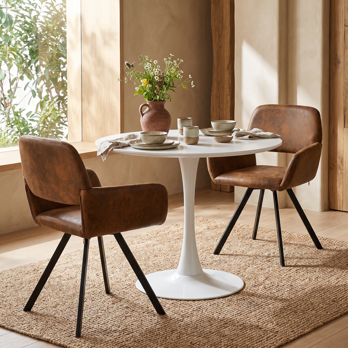 Homy Casa CLIFT+CALIFORNIA 3PC Dining Set 31.5” Round Table with 2 California Swivel Suede Brown Chairs Open Box