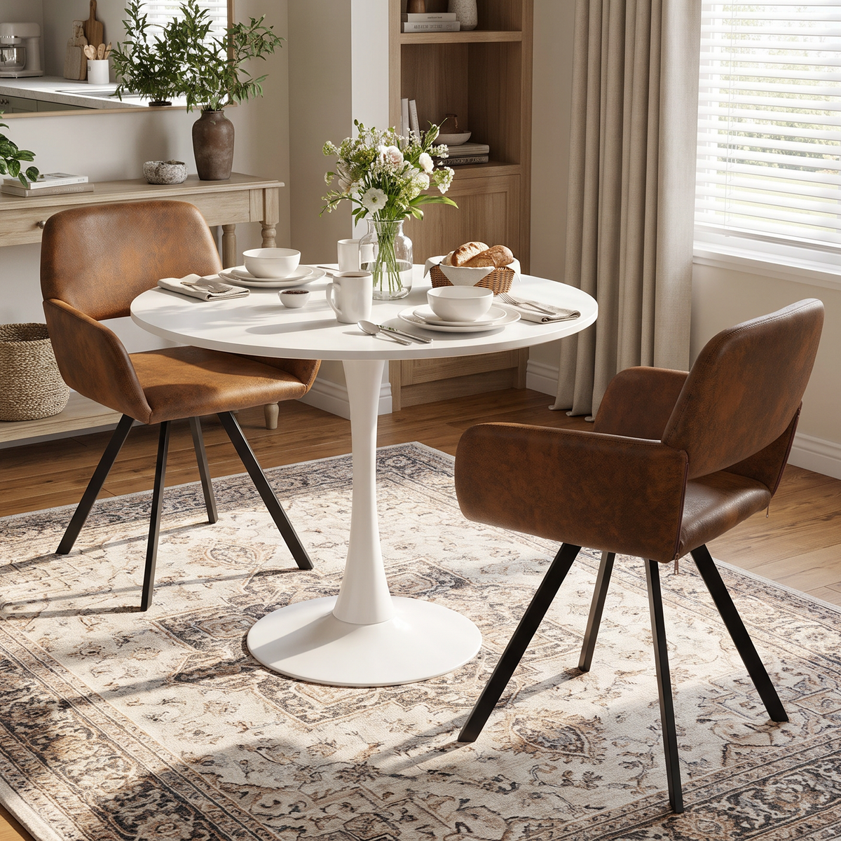 Homy Casa CLIFT+CALIFORNIA 3PC Dining Set 31.5” Round Table with 2 California Swivel Suede Brown Chairs Open Box