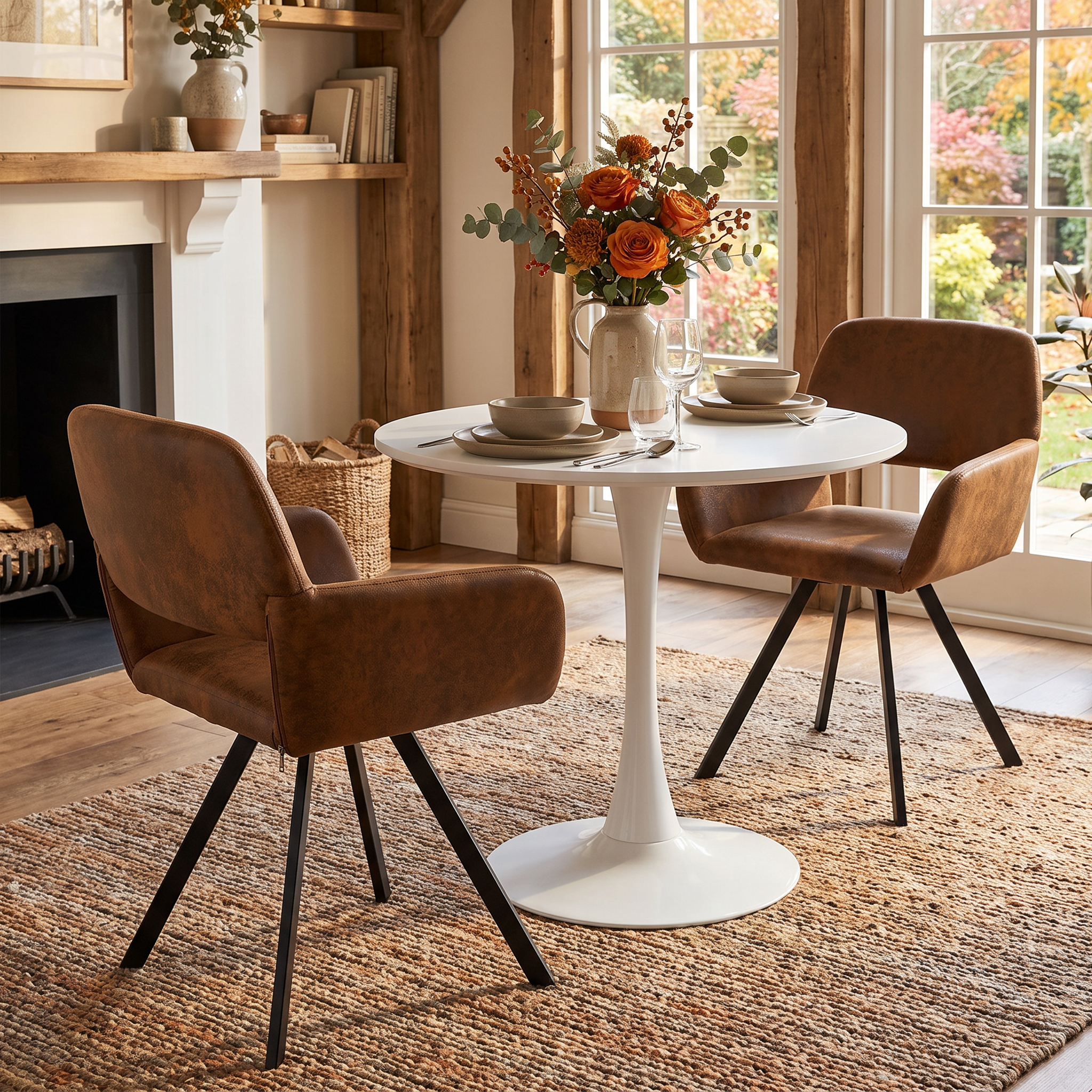 Homy Casa CLIFT+CALIFORNIA 3PC Dining Set 31.5” Round Table with 2 California Swivel Suede Brown Chairs Open Box