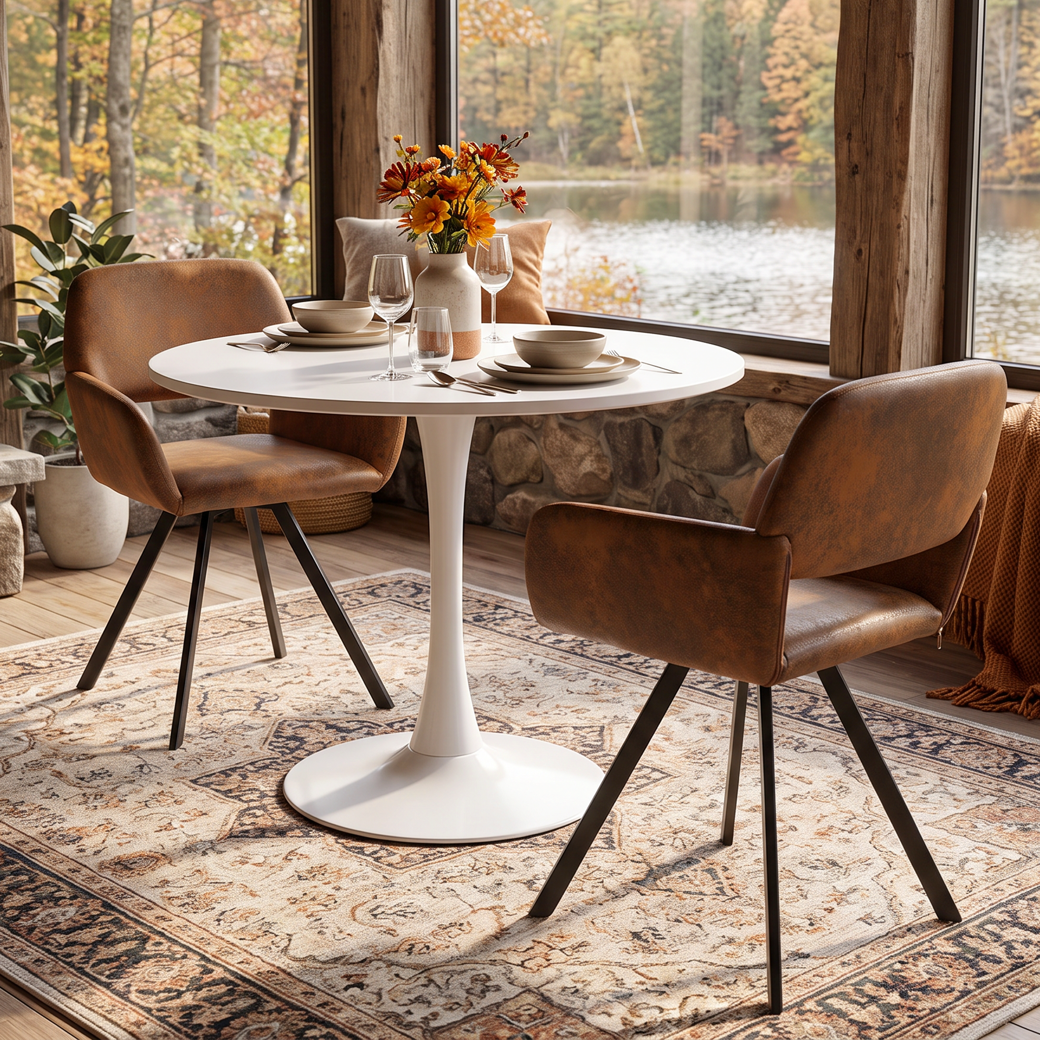 Homy Casa CLIFT+CALIFORNIA 3PC Dining Set 31.5” Round Table with 2 California Swivel Suede Brown Chairs Open Box