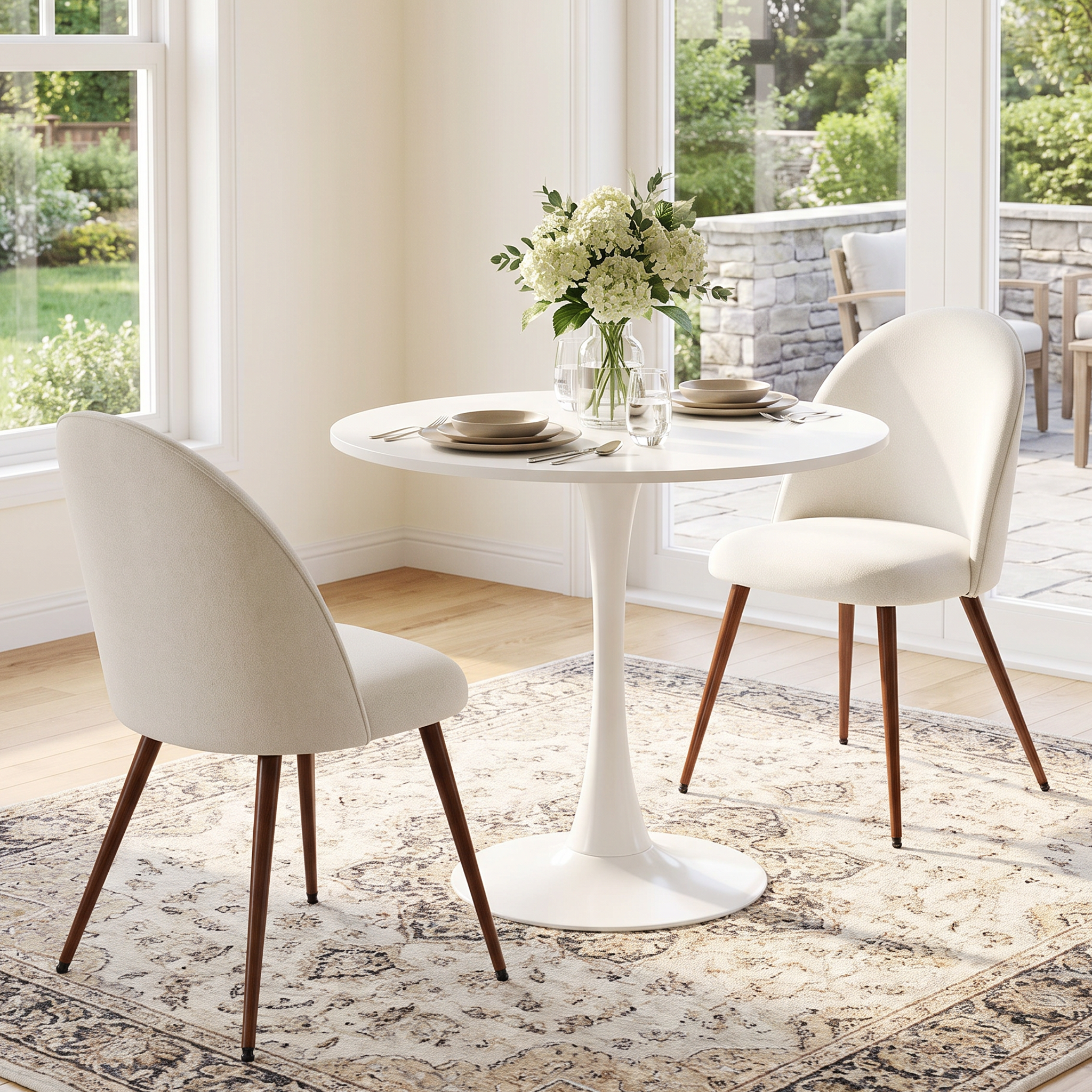 Homy Casa CLIFT+HAVEN 3PC Dining Set 31.5" Round Table with 2 Haven Beige Fabric Chairs in White and Walnut Open Box
