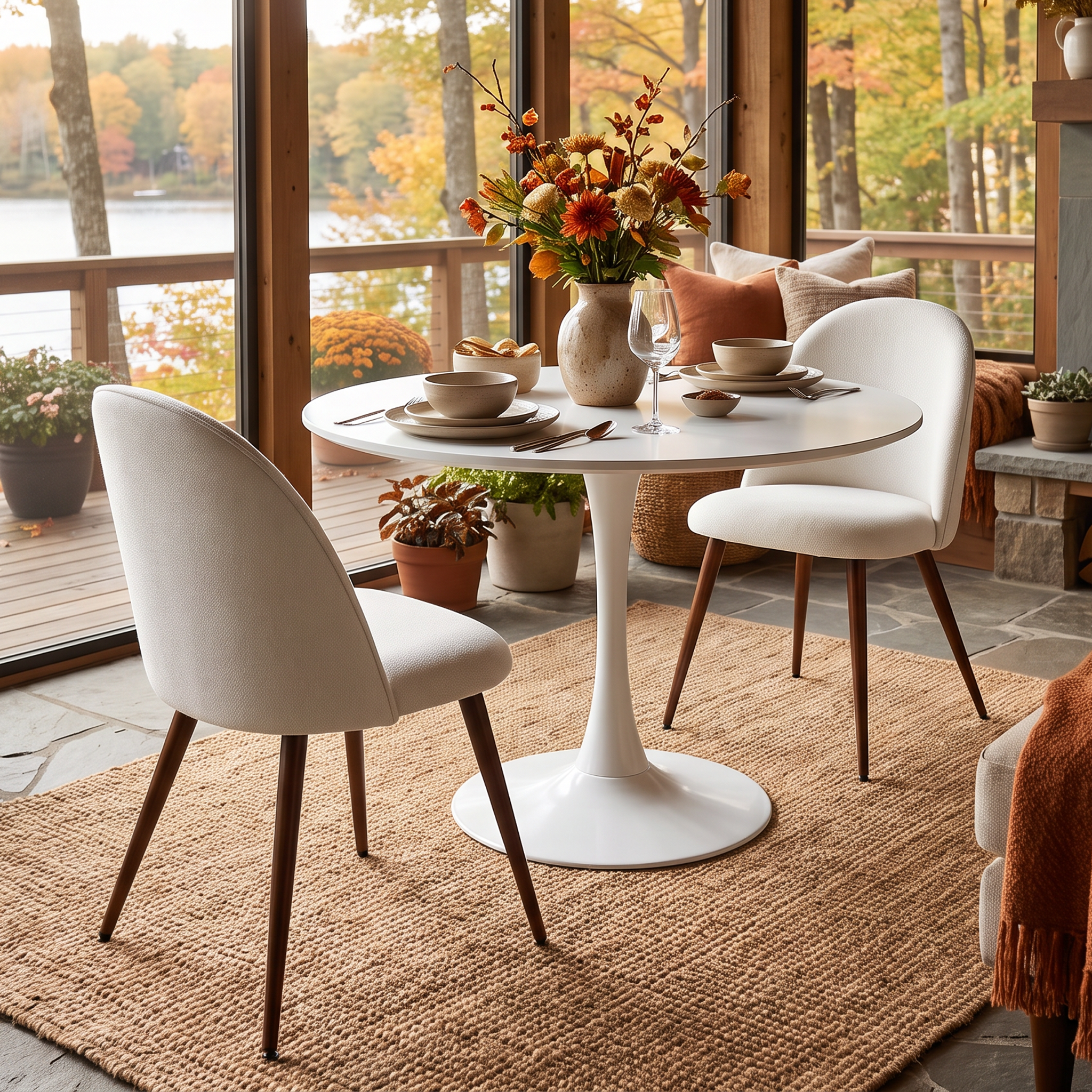 Homy Casa CLIFT+HAVEN 3PC Dining Set 31.5" Round Table with 2 Haven Beige Fabric Chairs in White and Walnut Open Box