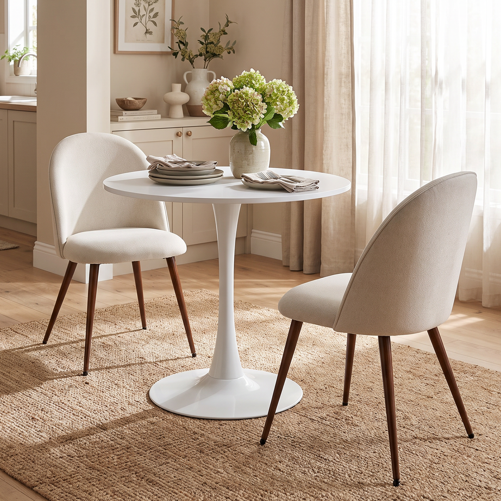 Homy Casa CLIFT+HAVEN 3PC Dining Set 31.5" Round Table with 2 Haven Beige Fabric Chairs in White and Walnut Open Box