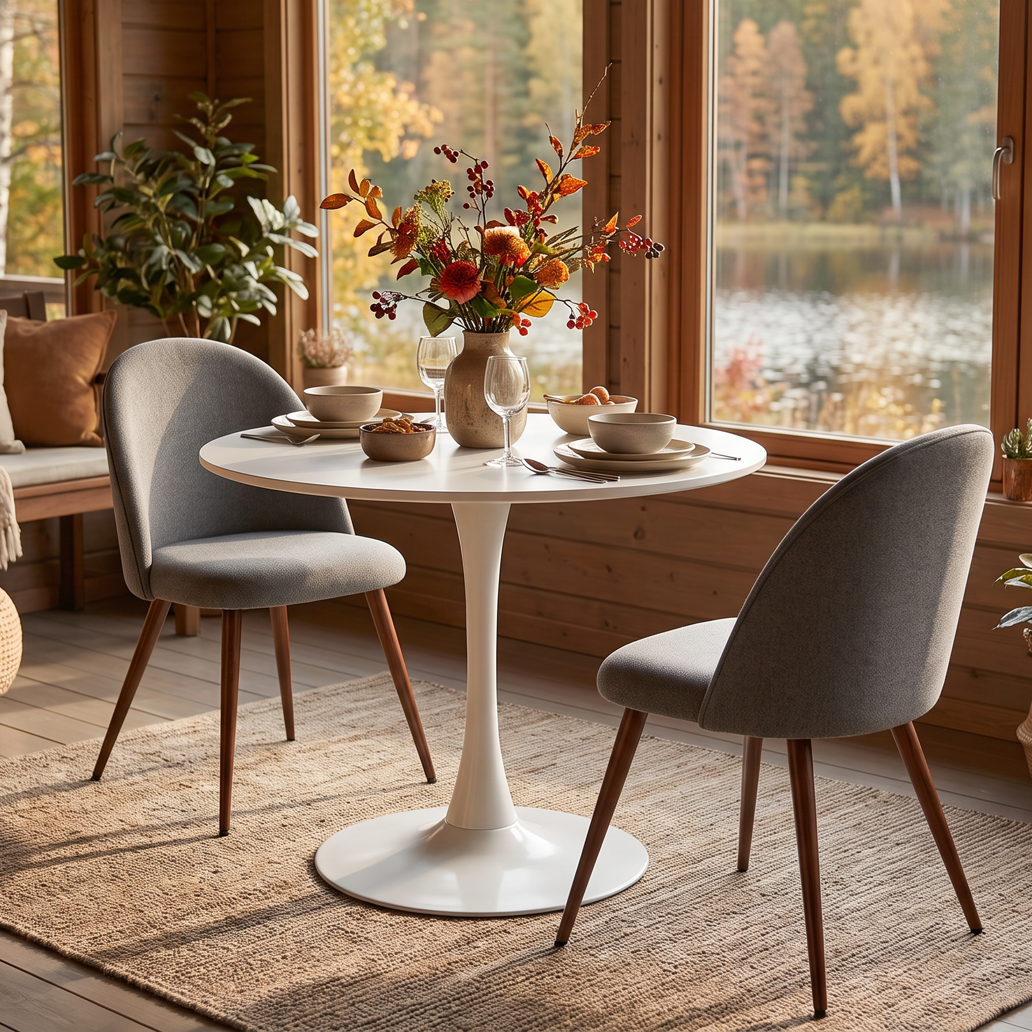 Homy Casa CLIFT+HAVEN 3PC Dining Set 31.5" Round Table with 2 Grey Fabric Dining Chairs and Walnut-Finished Legs Open Box