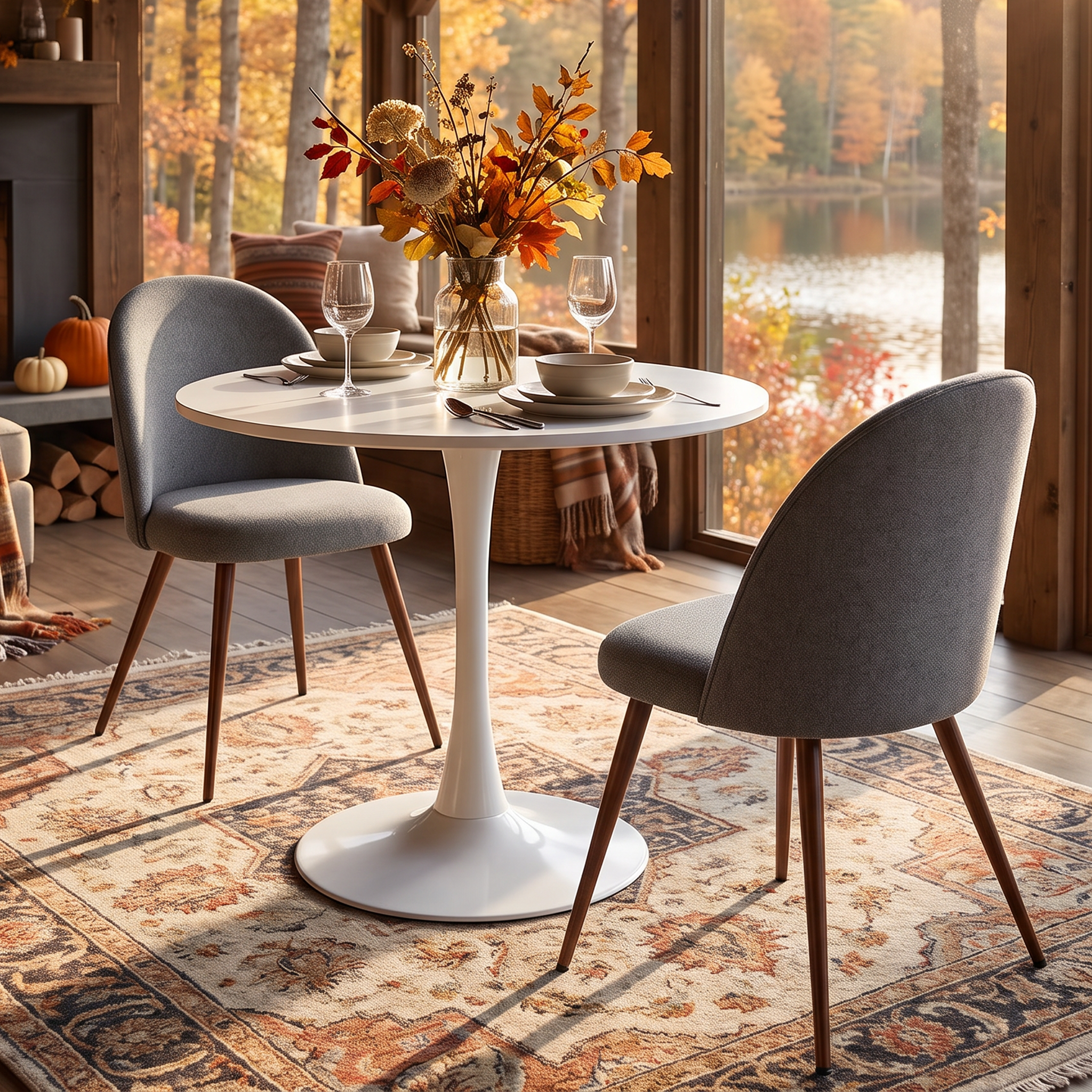 Homy Casa CLIFT+HAVEN 3PC Dining Set 31.5" Round Table with 2 Grey Fabric Dining Chairs and Walnut-Finished Legs Open Box