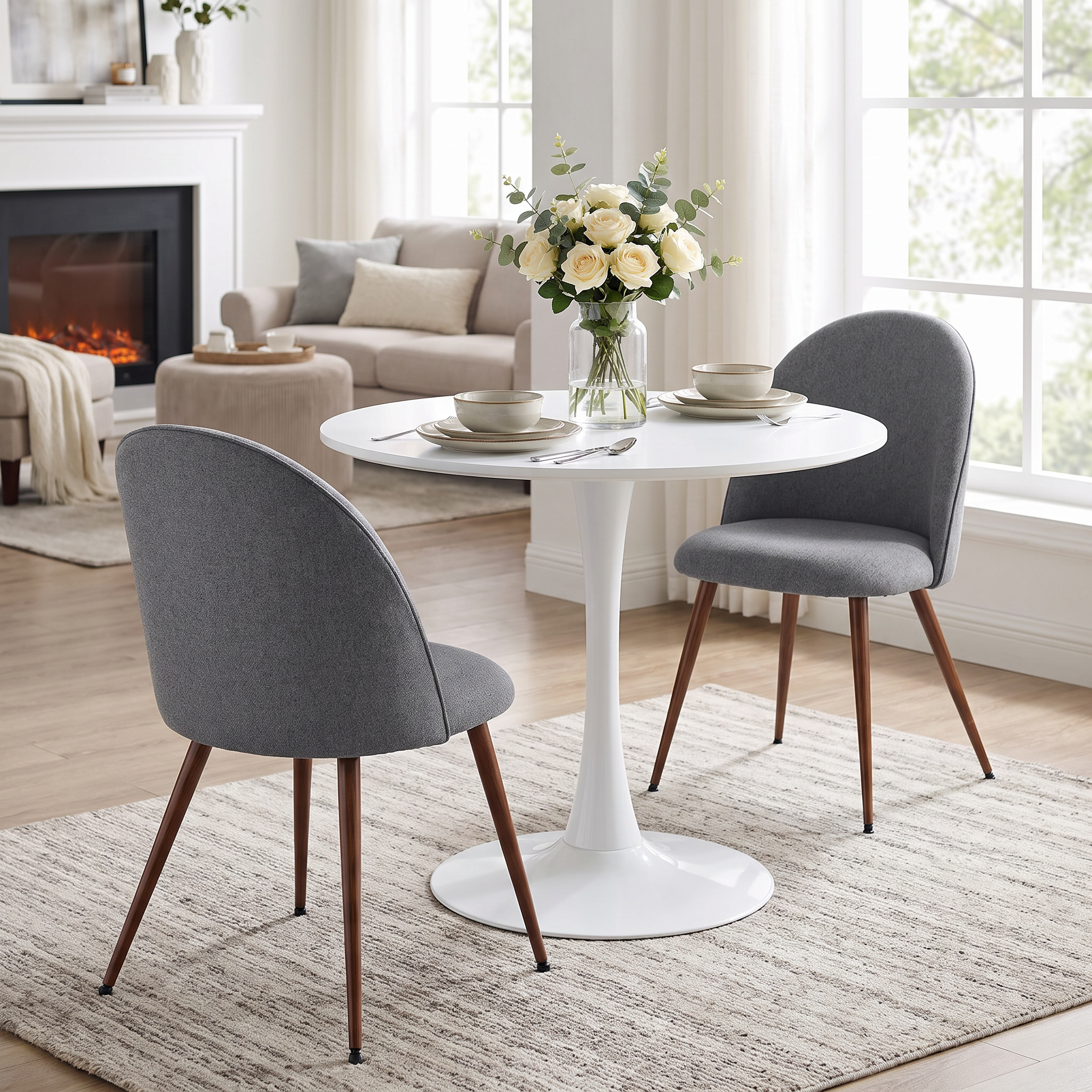 Homy Casa CLIFT+HAVEN 3PC Dining Set 31.5" Round Table with 2 Grey Fabric Dining Chairs and Walnut-Finished Legs Open Box