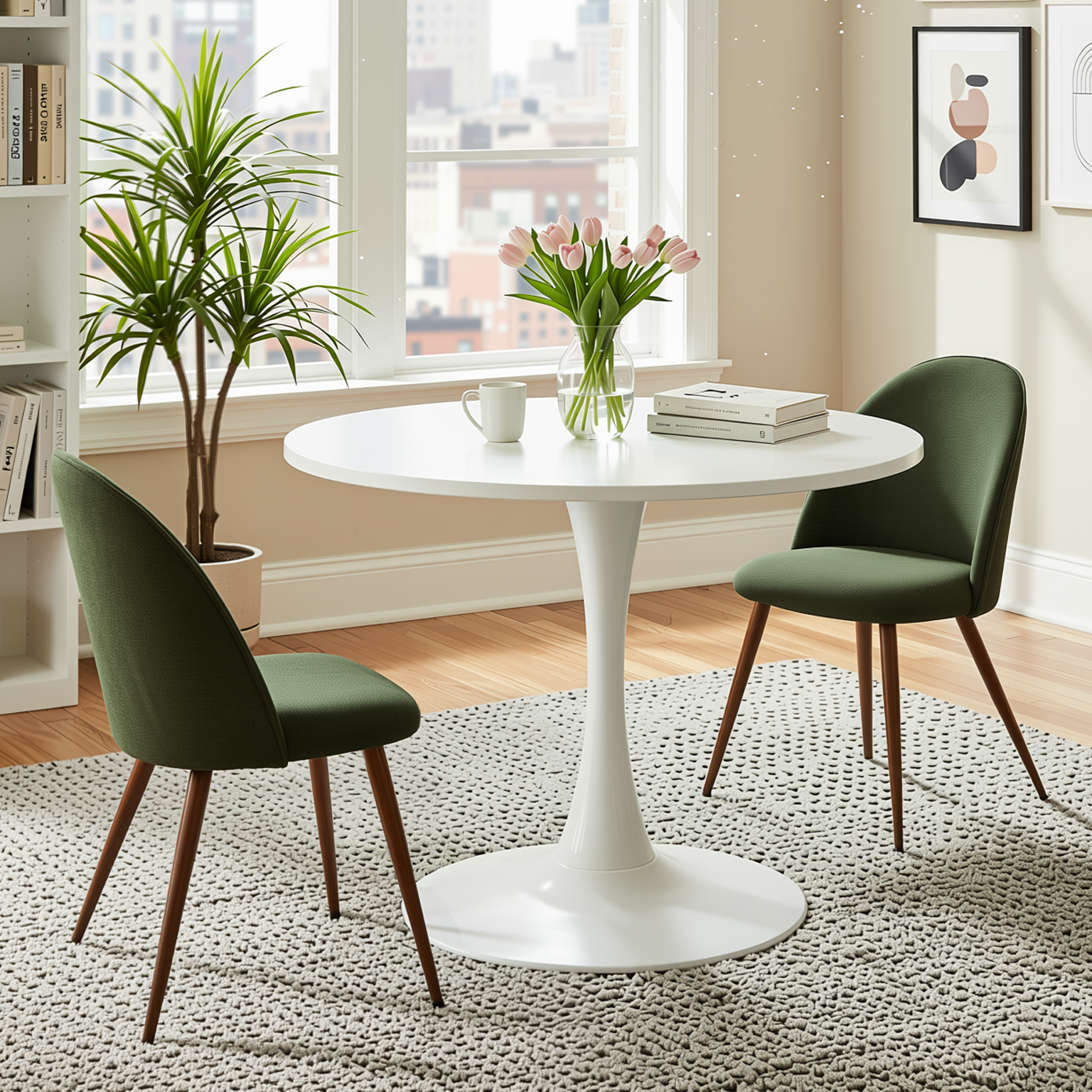 Homy Casa CLIFT 100+HAVEN 3PC Dining Set 31.5” Round White Table with 2 Verita Green Upholstered Chairs