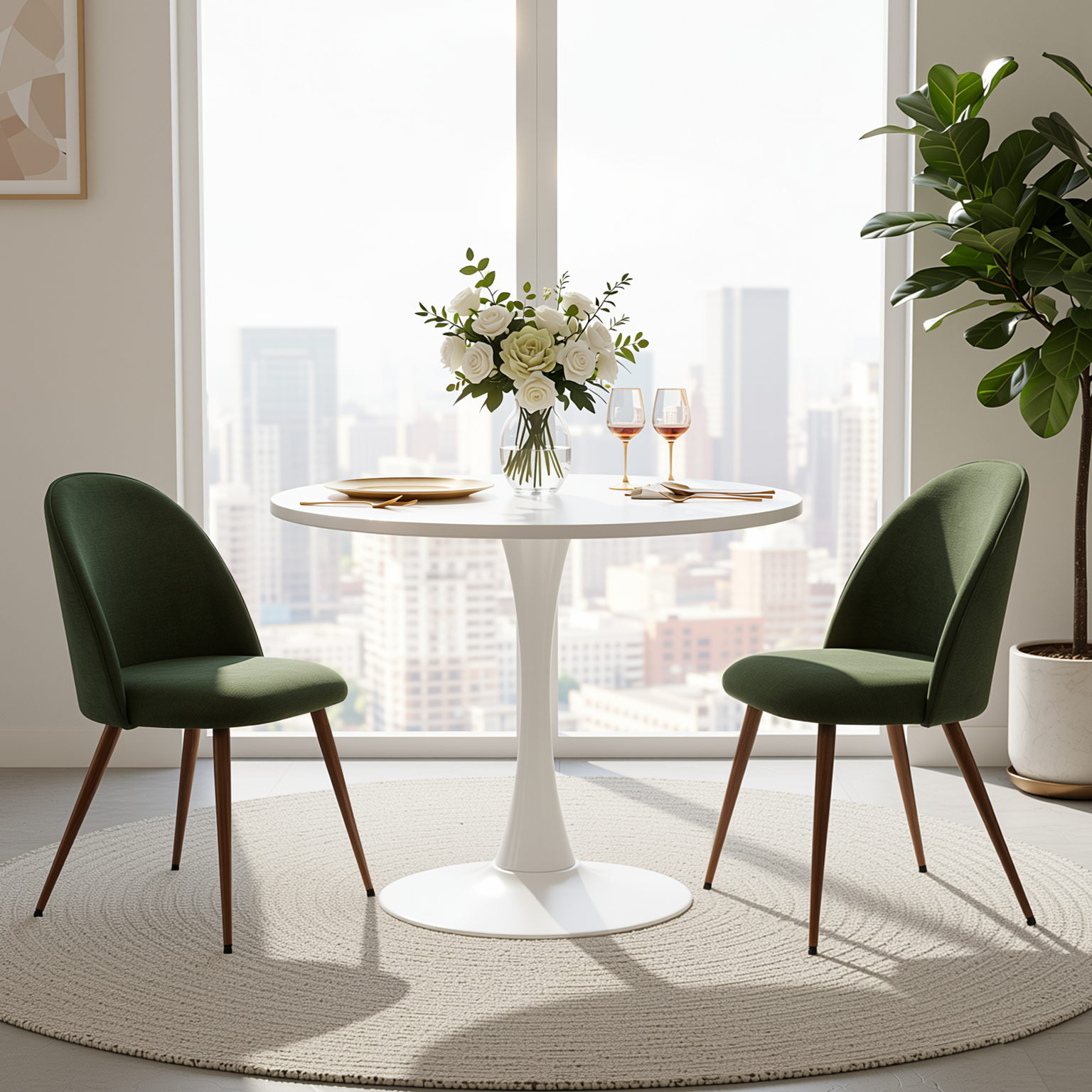Homy Casa CLIFT 100+HAVEN 3PC Dining Set 31.5” Round White Table with 2 Verita Green Upholstered Chairs