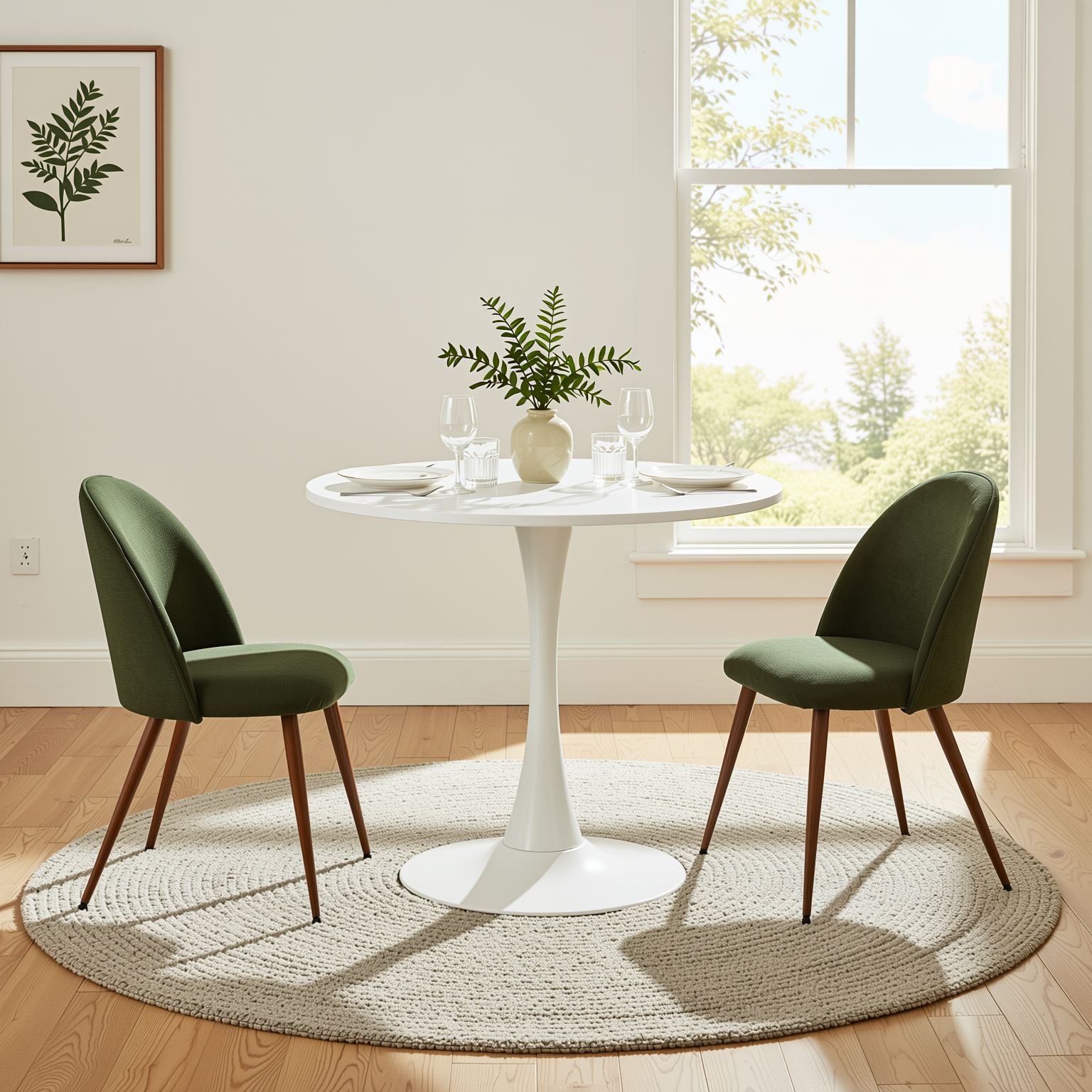 Homy Casa CLIFT 100+HAVEN 3PC Dining Set 31.5” Round White Table with 2 Verita Green Upholstered Chairs