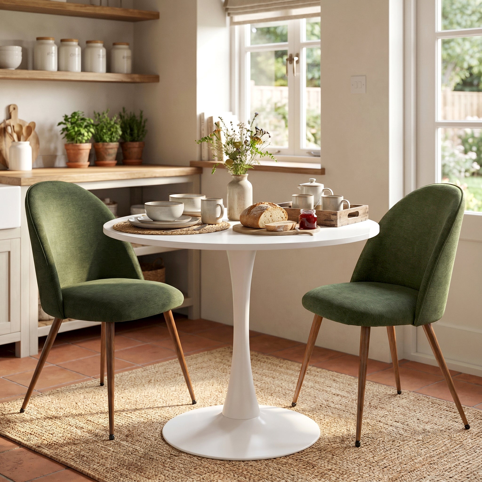 Homy Casa CLIFT 100+HAVEN 3PC Dining Set 31.5” Round White Table with 2 Verita Green Upholstered Chairs