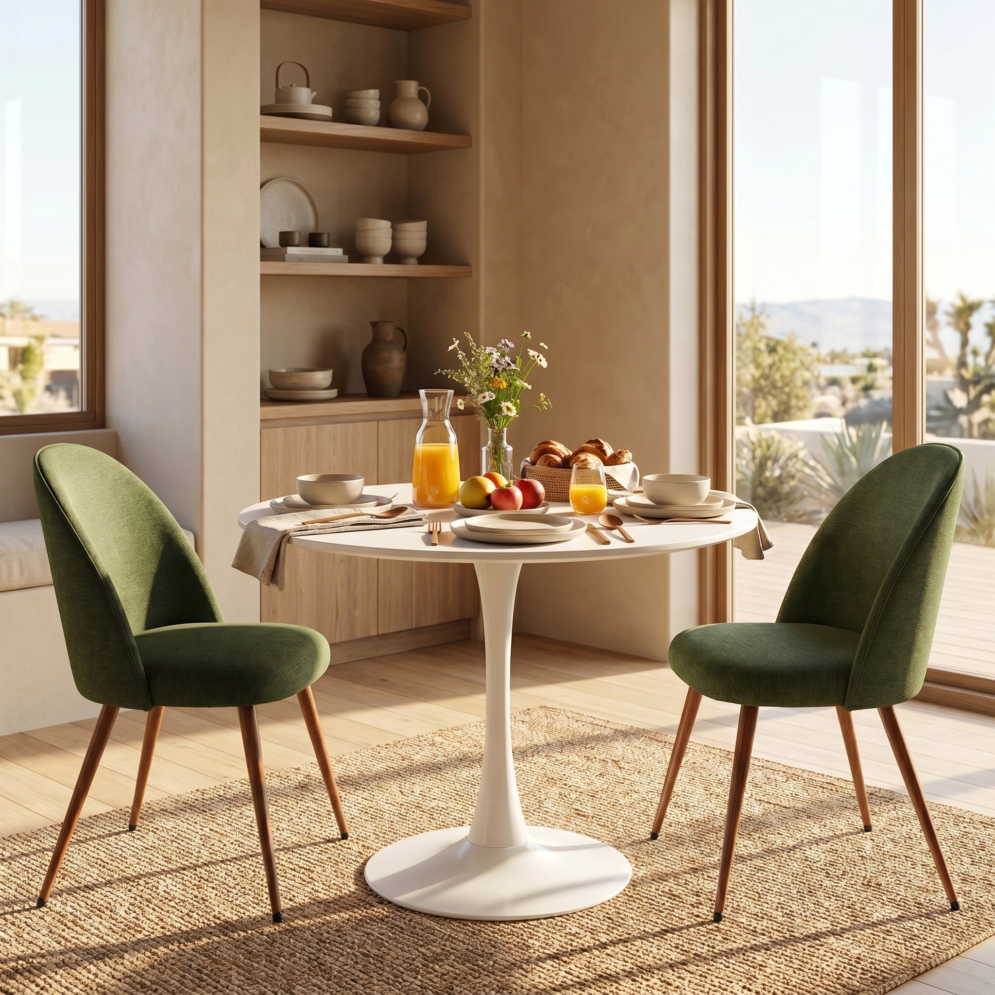 Homy Casa CLIFT 100+HAVEN 3PC Dining Set 31.5” Round White Table with 2 Verita Green Upholstered Chairs