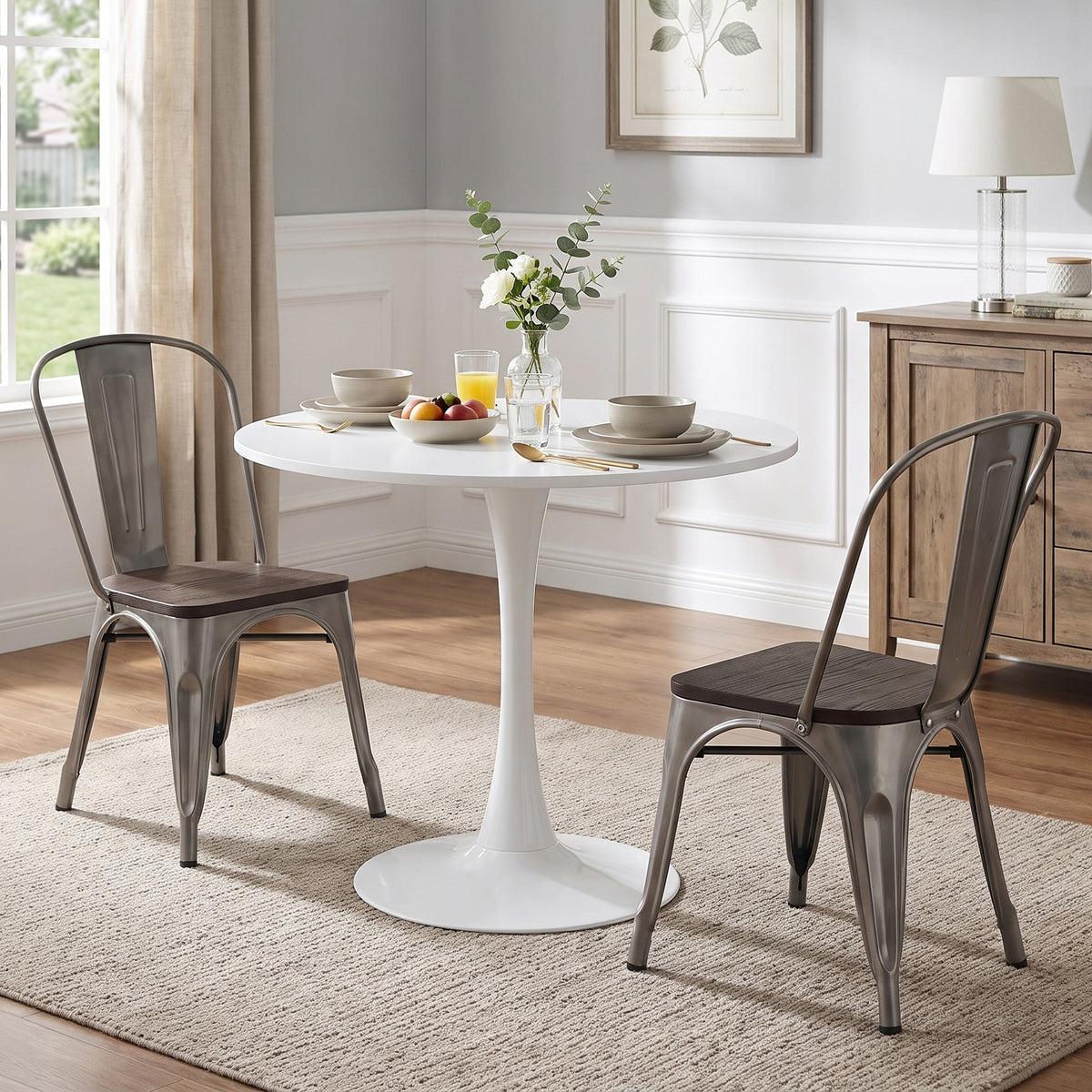 Homy Casa CLIFT + KRICOX Silver Wood 3PC 31.5" White Dining Set with 2 Silver Wood Chairs for Kitchen & Dining Room Open Box