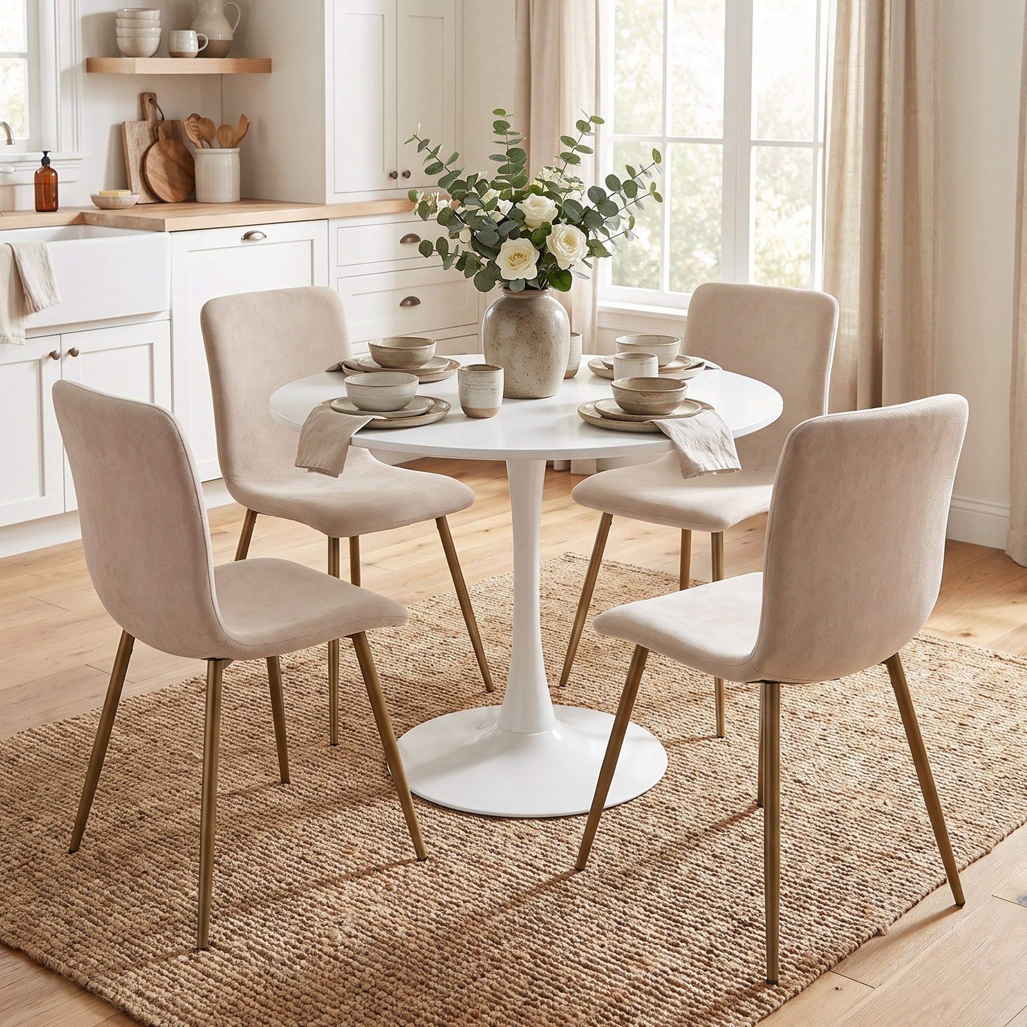 Homy Casa CLIFT 5PC Dining Set 31.5" Square White Table with 4 SCARGILL Beige Upholstered Chairs Open Box