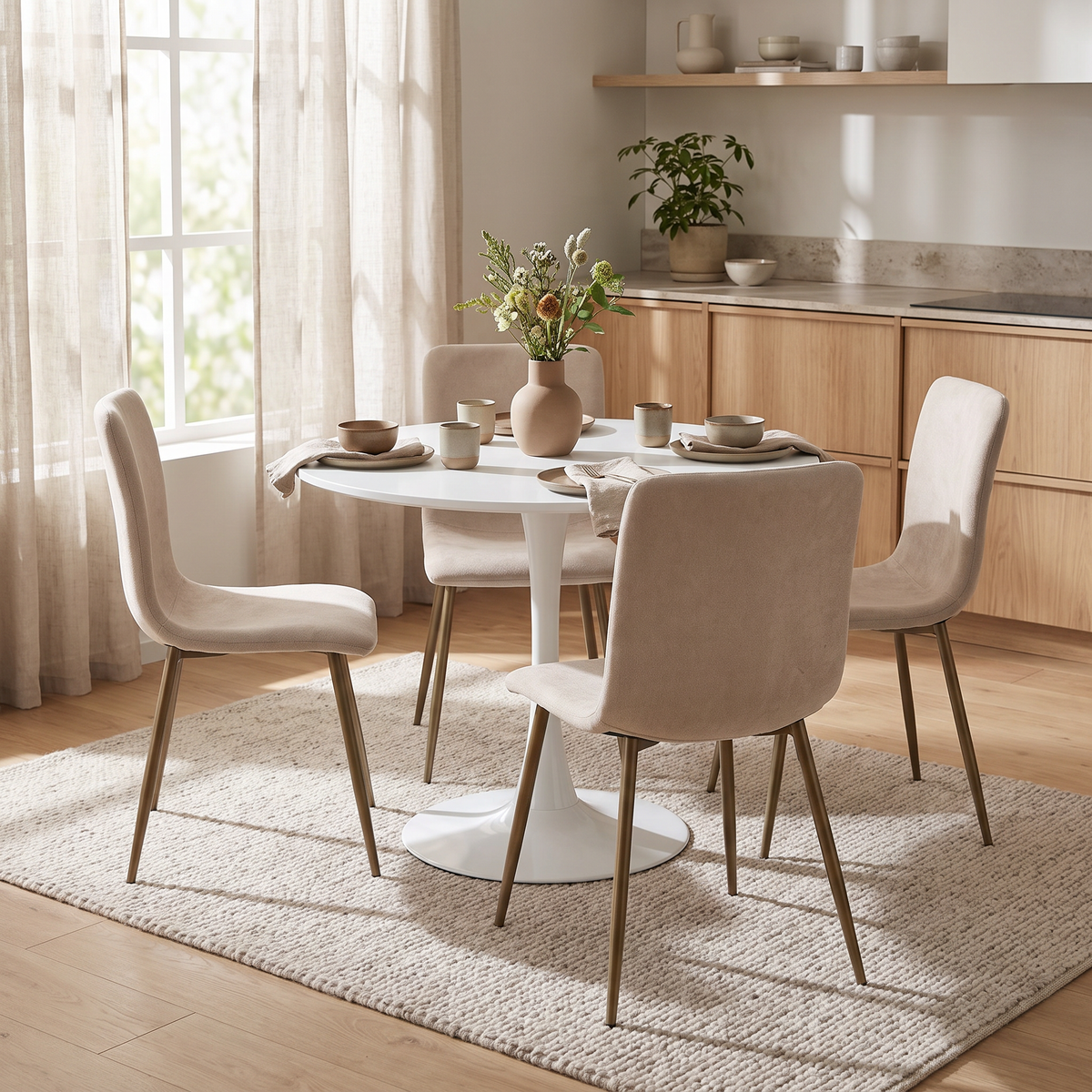 Homy Casa CLIFT 5PC Dining Set 31.5" Square White Table with 4 SCARGILL Beige Upholstered Chairs Open Box