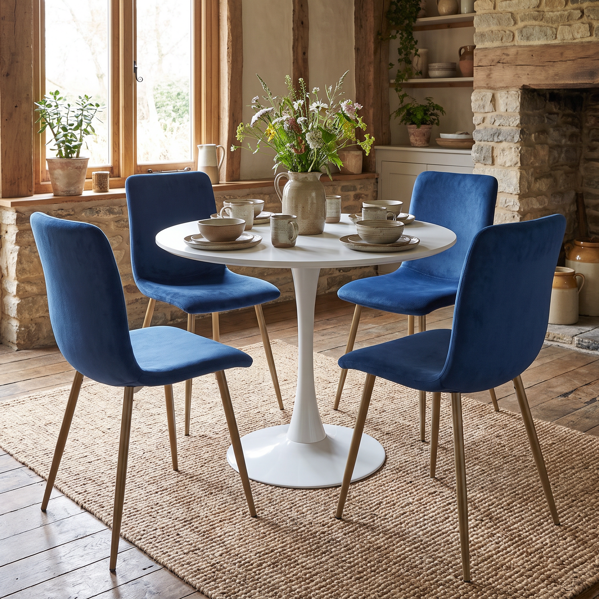 Homy Casa CLIFT+SCARGILL 5PC Dining Set 31.5" Round White Table with 4 SCARGILL Blue Fabric Chairs Open Box