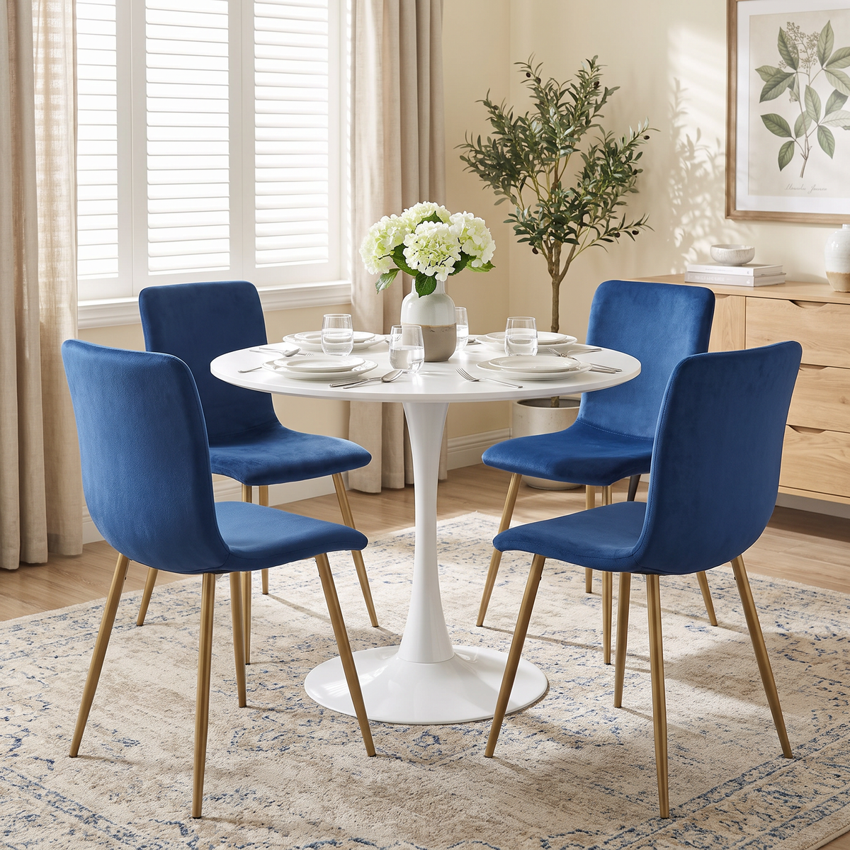 Homy Casa CLIFT+SCARGILL 5PC Dining Set 31.5" Round White Table with 4 SCARGILL Blue Fabric Chairs Open Box