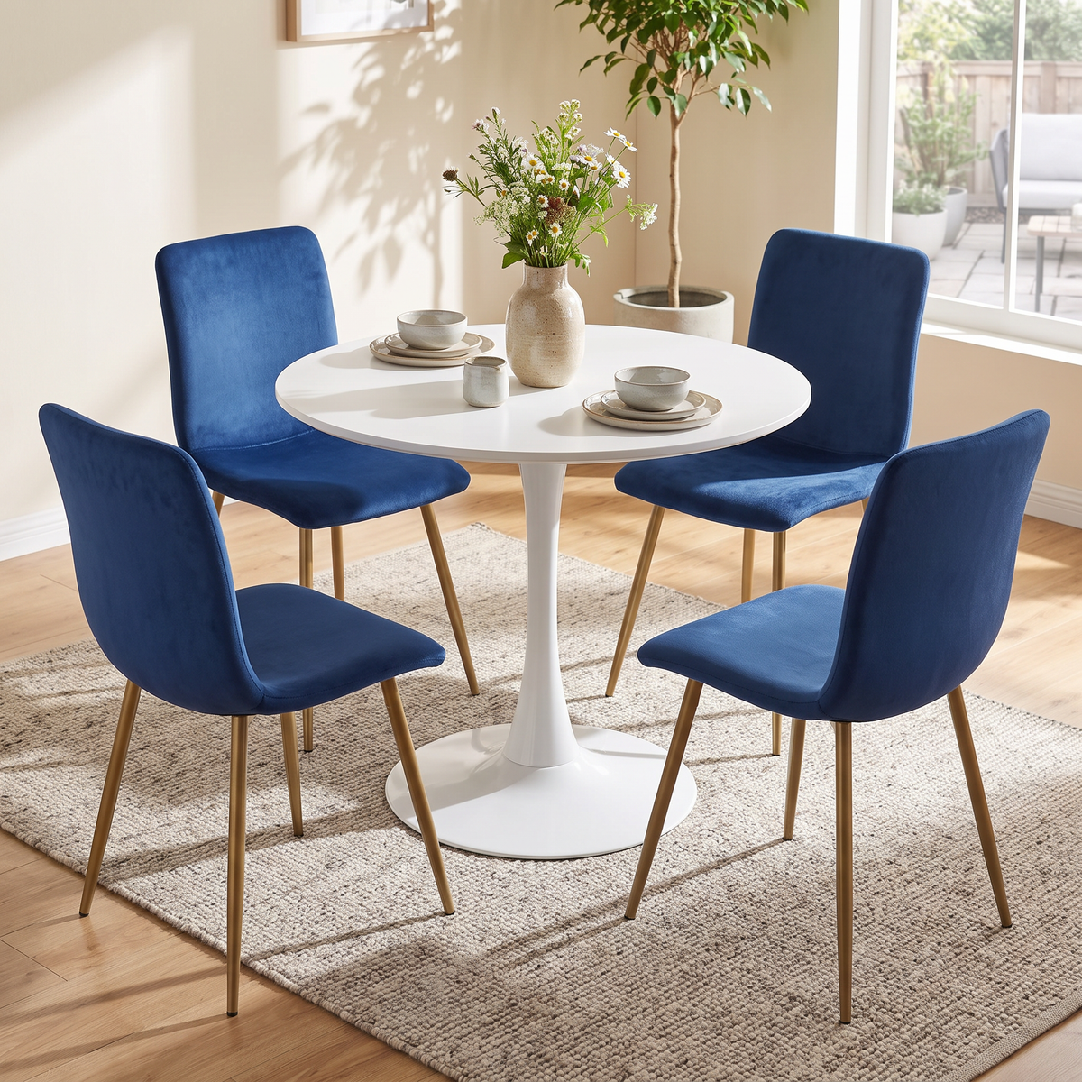 Homy Casa CLIFT+SCARGILL 5PC Dining Set 31.5" Round White Table with 4 SCARGILL Blue Fabric Chairs Open Box