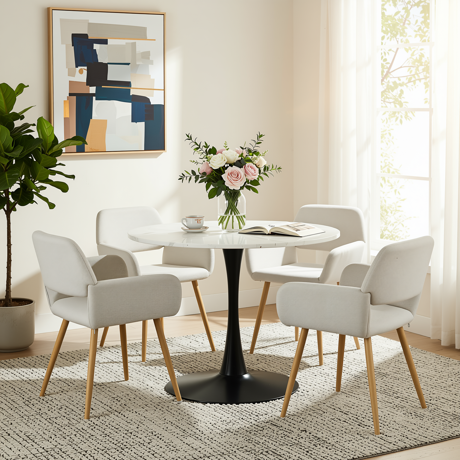 Homy Casa Clift 5PC Dining Set 39.4” Square White Marble Table with 4 Mayfair Beige Upholstered Chairs and Black Metal Base