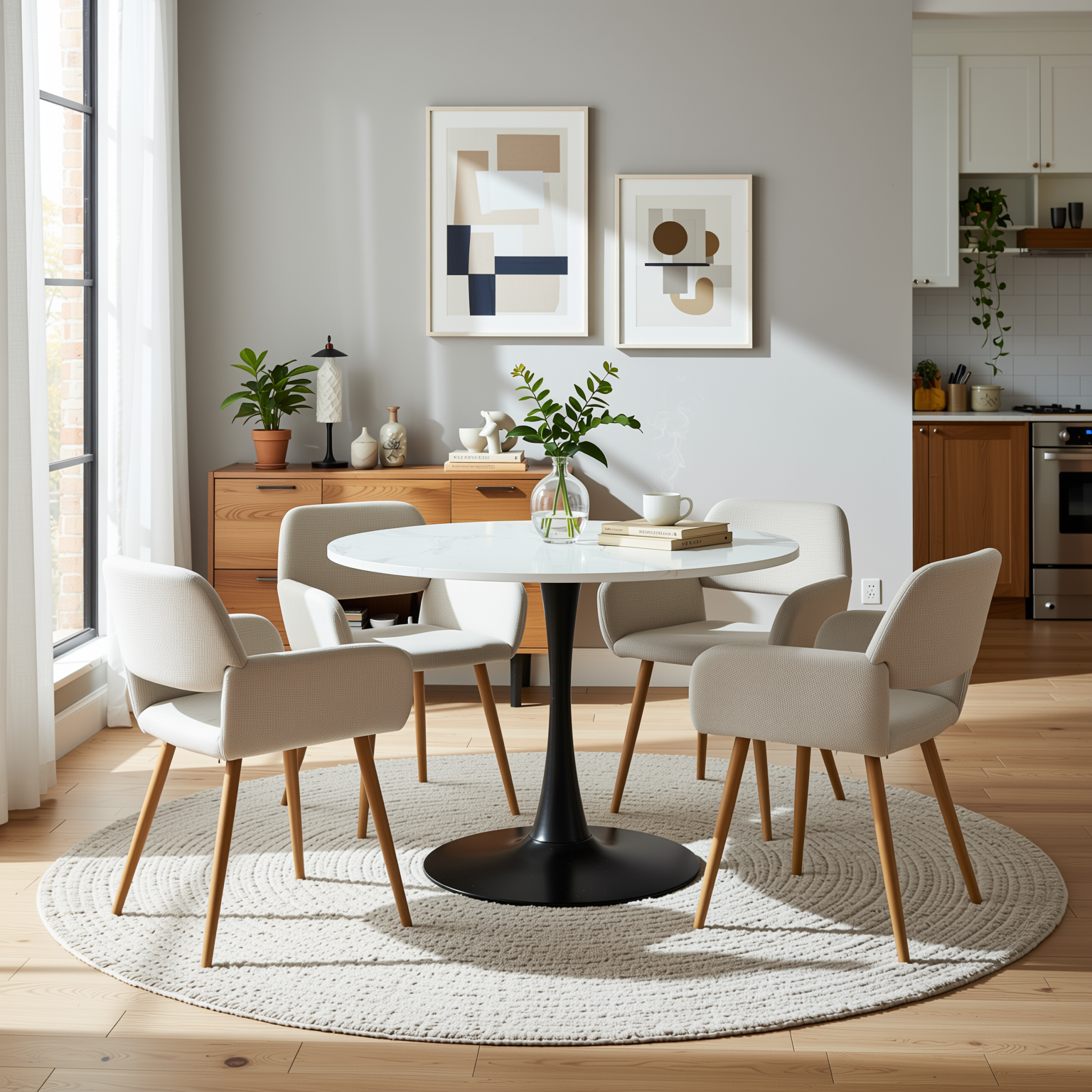 Homy Casa Clift 5PC Dining Set 39.4” Square White Marble Table with 4 Mayfair Beige Upholstered Chairs and Black Metal Base