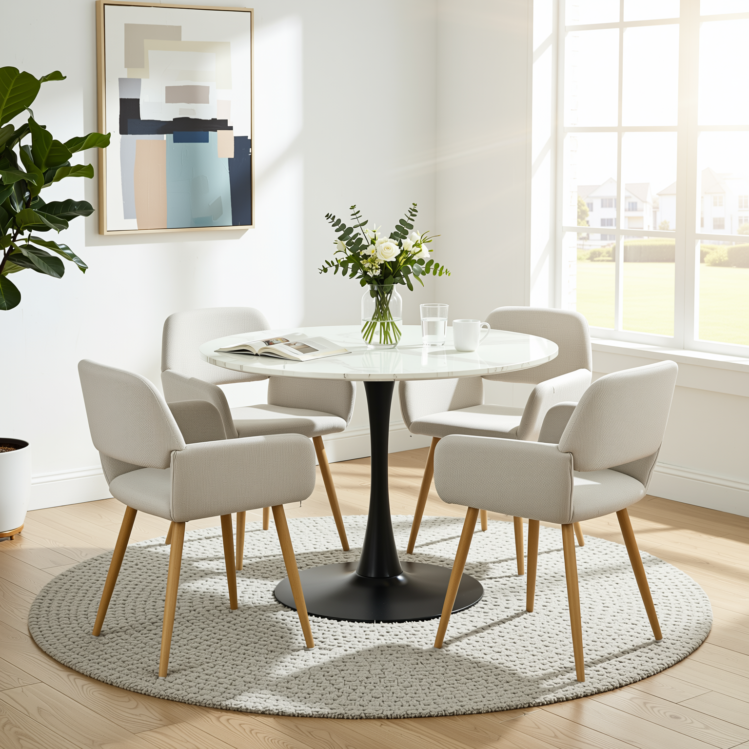 Homy Casa Clift 5PC Dining Set 39.4” Square White Marble Table with 4 Mayfair Beige Upholstered Chairs and Black Metal Base