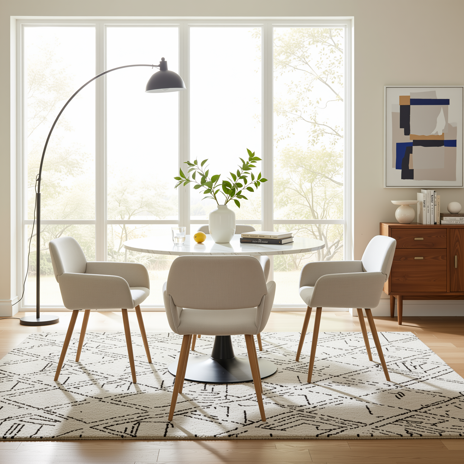 Homy Casa Clift 5PC Dining Set 39.4” Square White Marble Table with 4 Mayfair Beige Upholstered Chairs and Black Metal Base