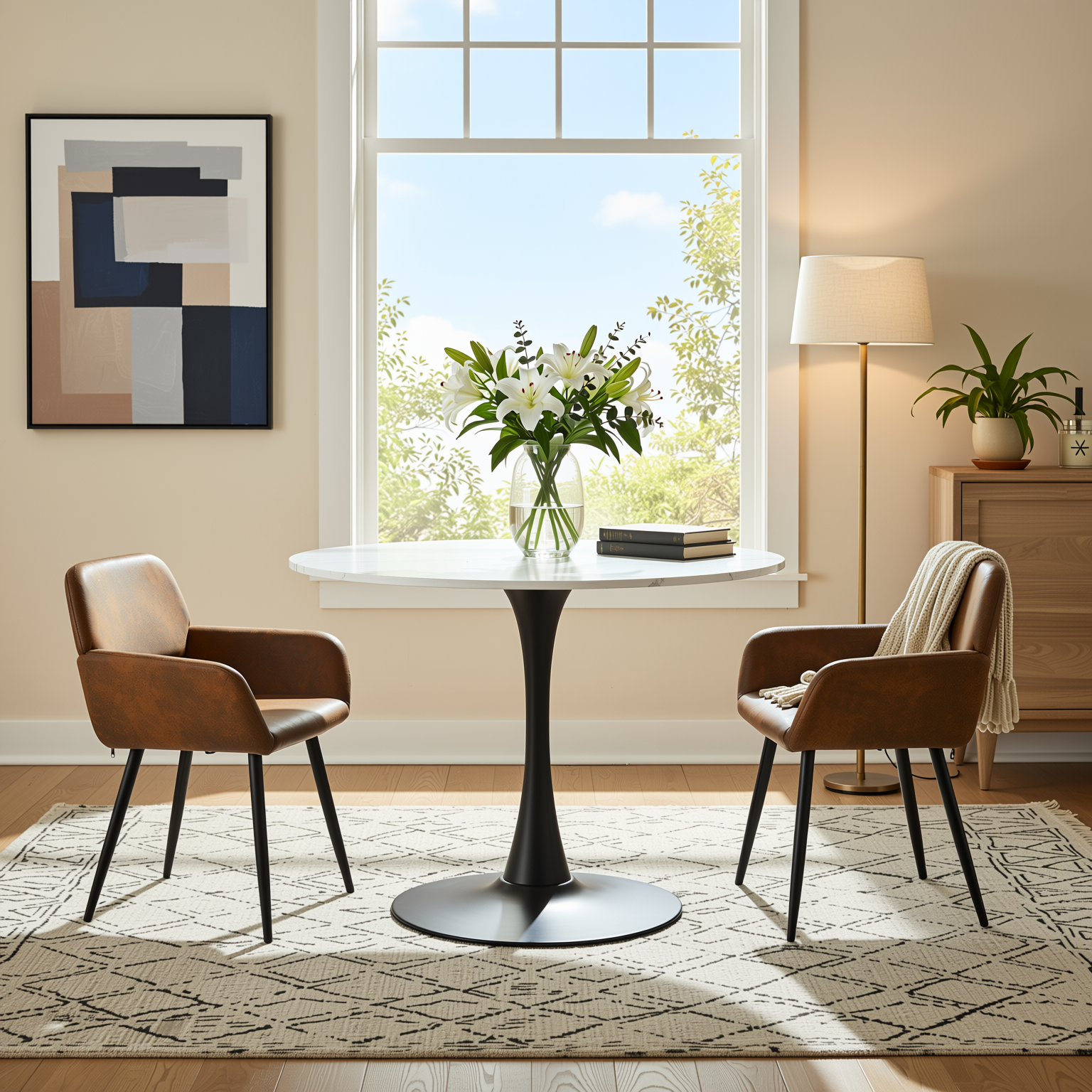 Homy Casa Clift 3PC Dining Set 39.4” Square White Marble Table with 2 Mayfair Suede Brown Chairs, Black Base