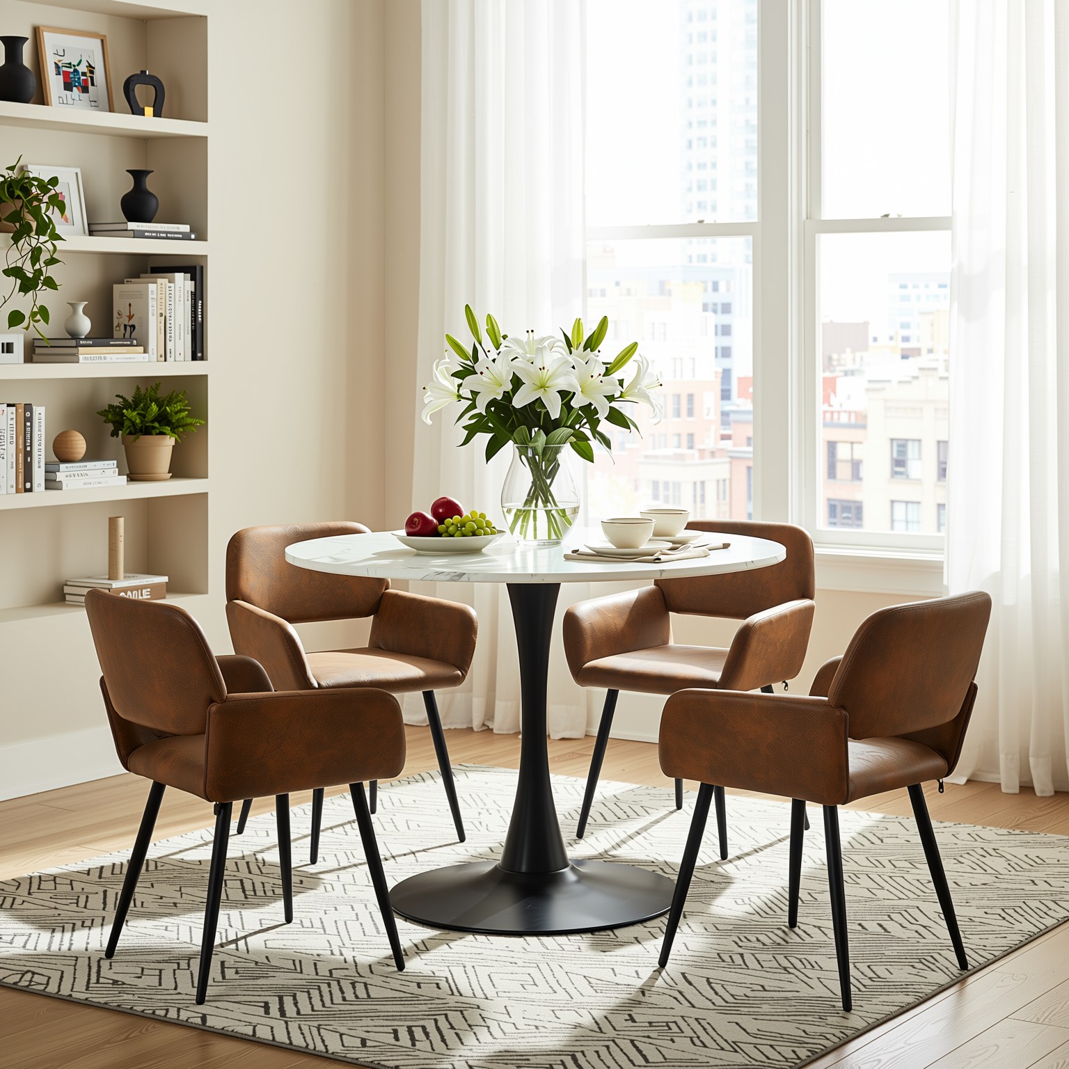 Homy Casa Clift 5PC Dining Set 39.4” Square White Marble Table with 4 Mayfair Suede Brown Upholstered Chairs, Black Base
