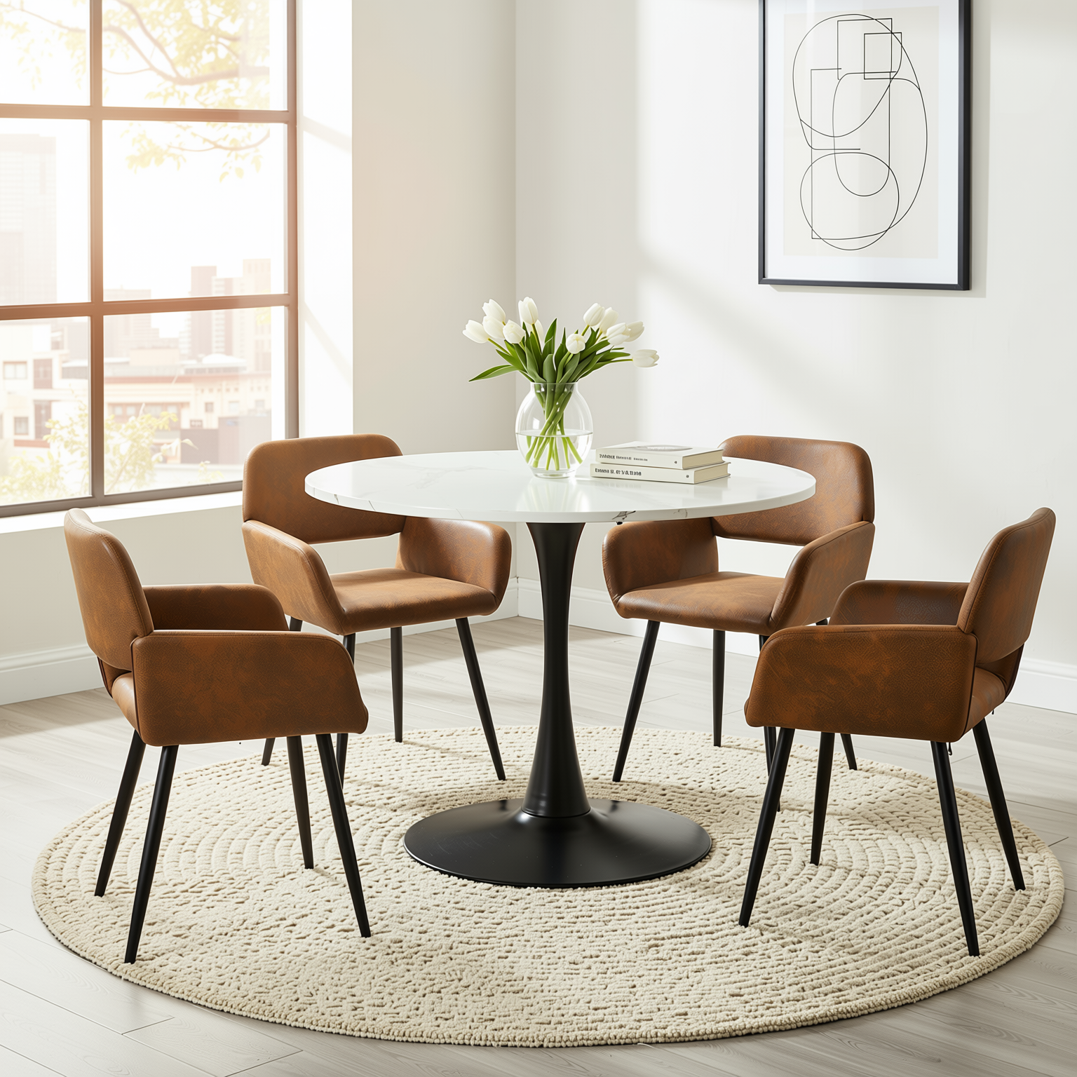Homy Casa Clift 5PC Dining Set 39.4” Square White Marble Table with 4 Mayfair Suede Brown Upholstered Chairs, Black Base
