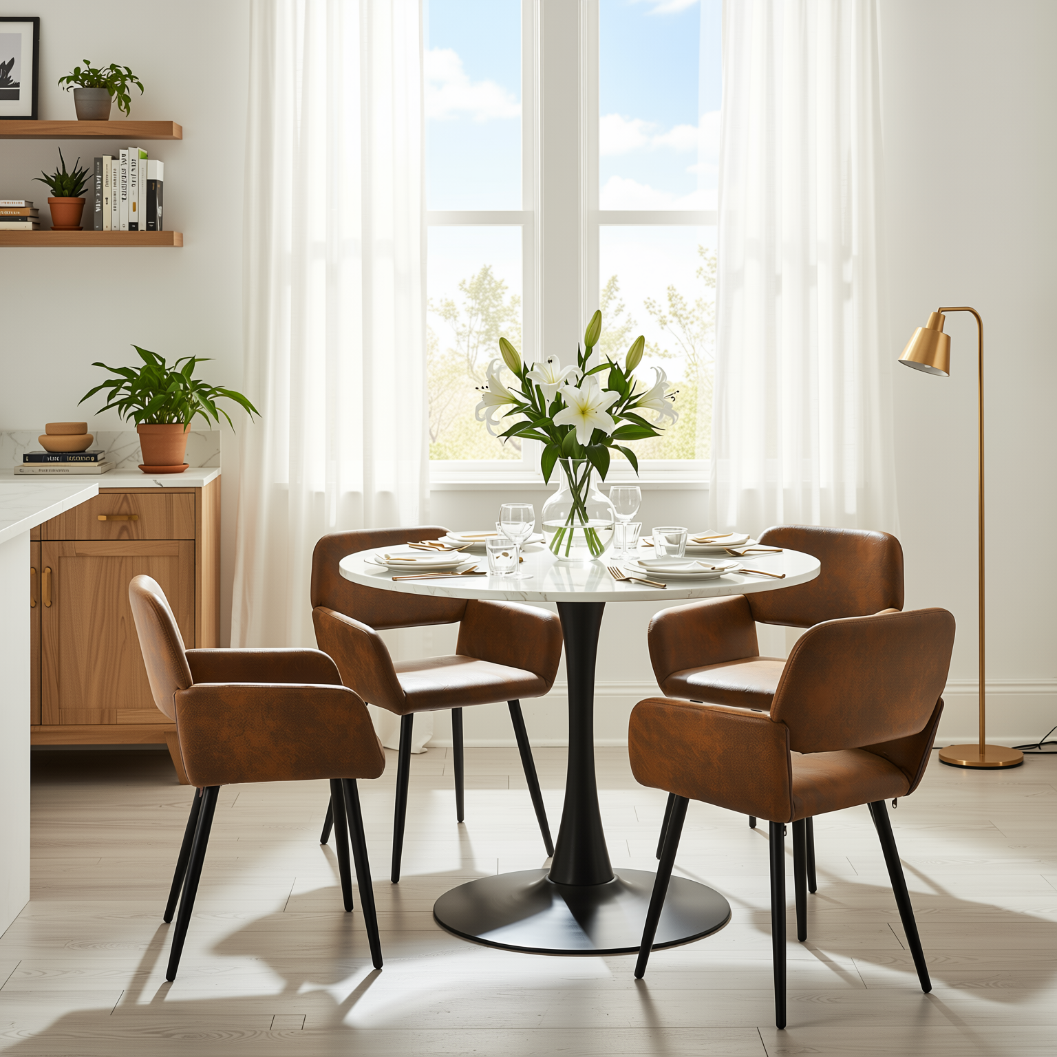 Homy Casa Clift 5PC Dining Set 39.4” Square White Marble Table with 4 Mayfair Suede Brown Upholstered Chairs, Black Base