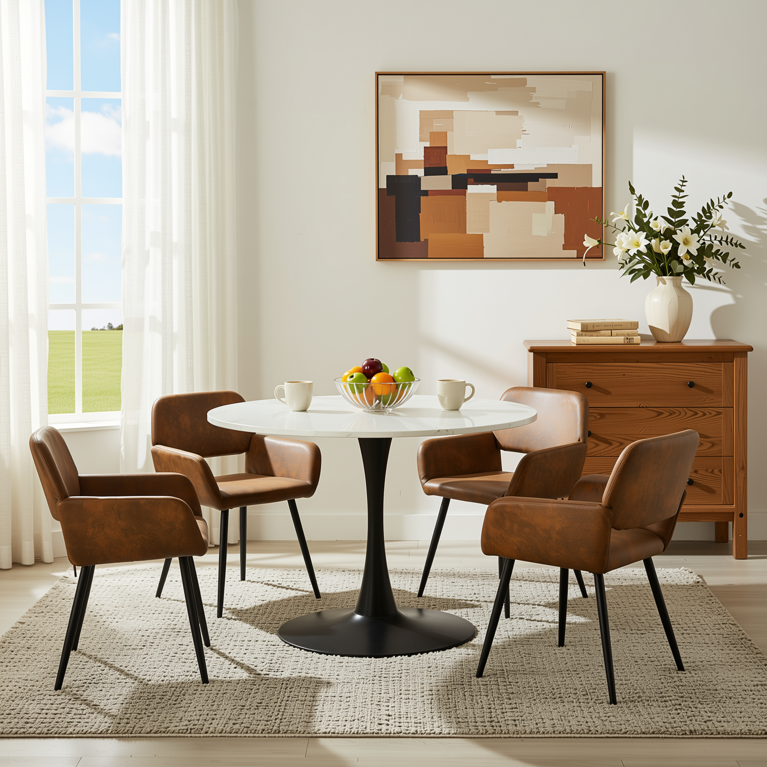 Homy Casa Clift 5PC Dining Set 39.4” Square White Marble Table with 4 Mayfair Suede Brown Upholstered Chairs, Black Base