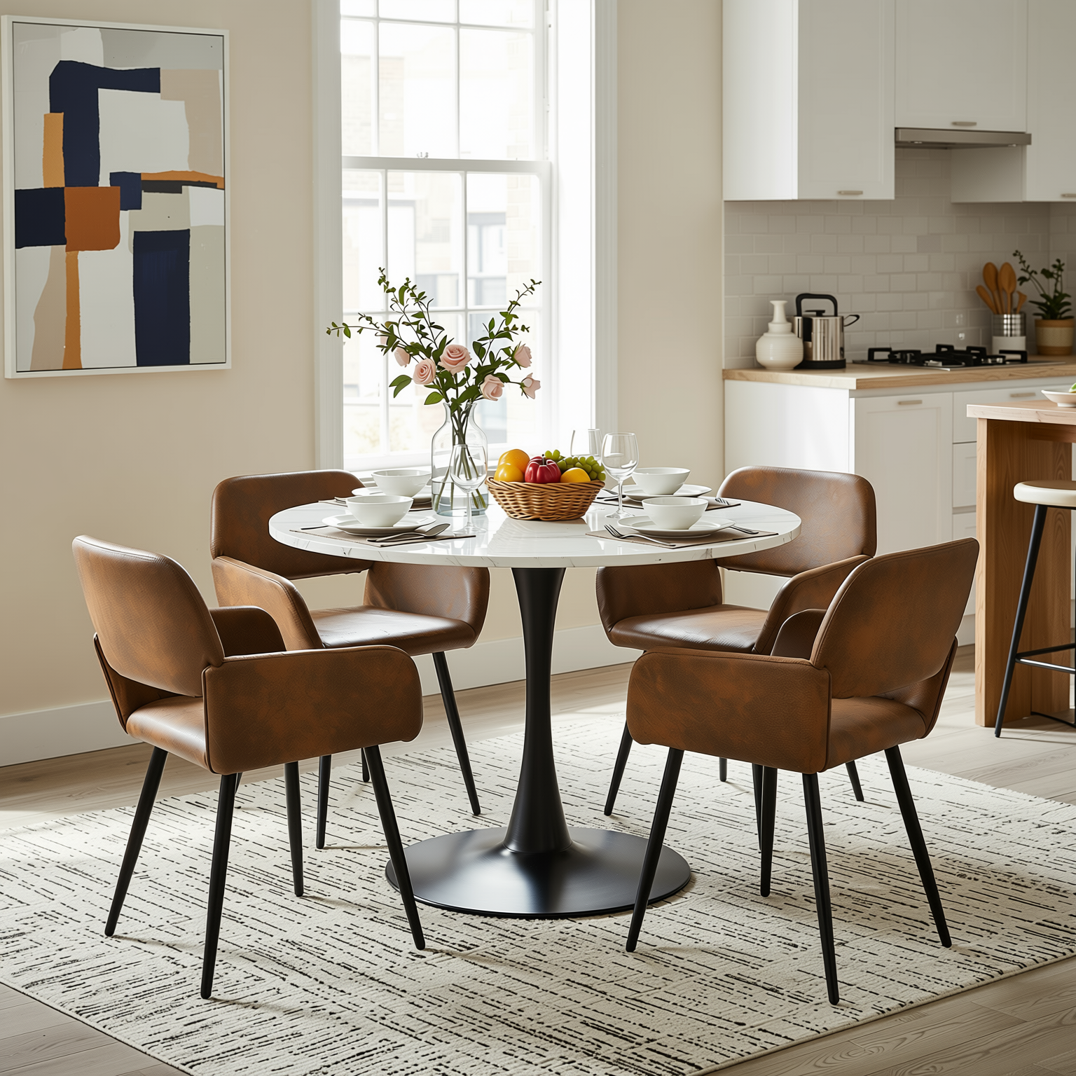 Homy Casa Clift 5PC Dining Set 39.4” Square White Marble Table with 4 Mayfair Suede Brown Upholstered Chairs, Black Base