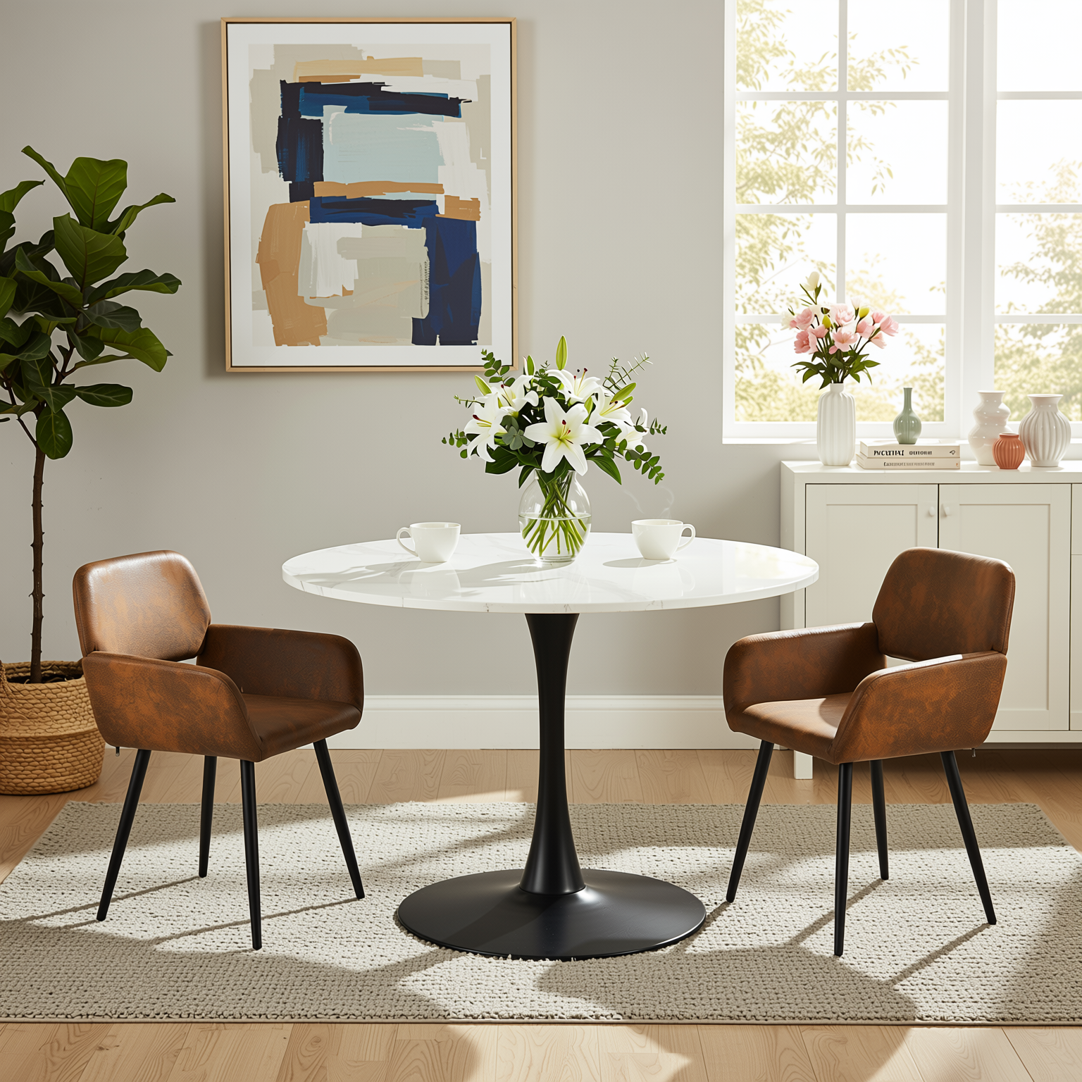 Homy Casa Clift 3PC Dining Set 39.4” Square White Marble Table with 2 Mayfair Suede Brown Chairs, Black Base