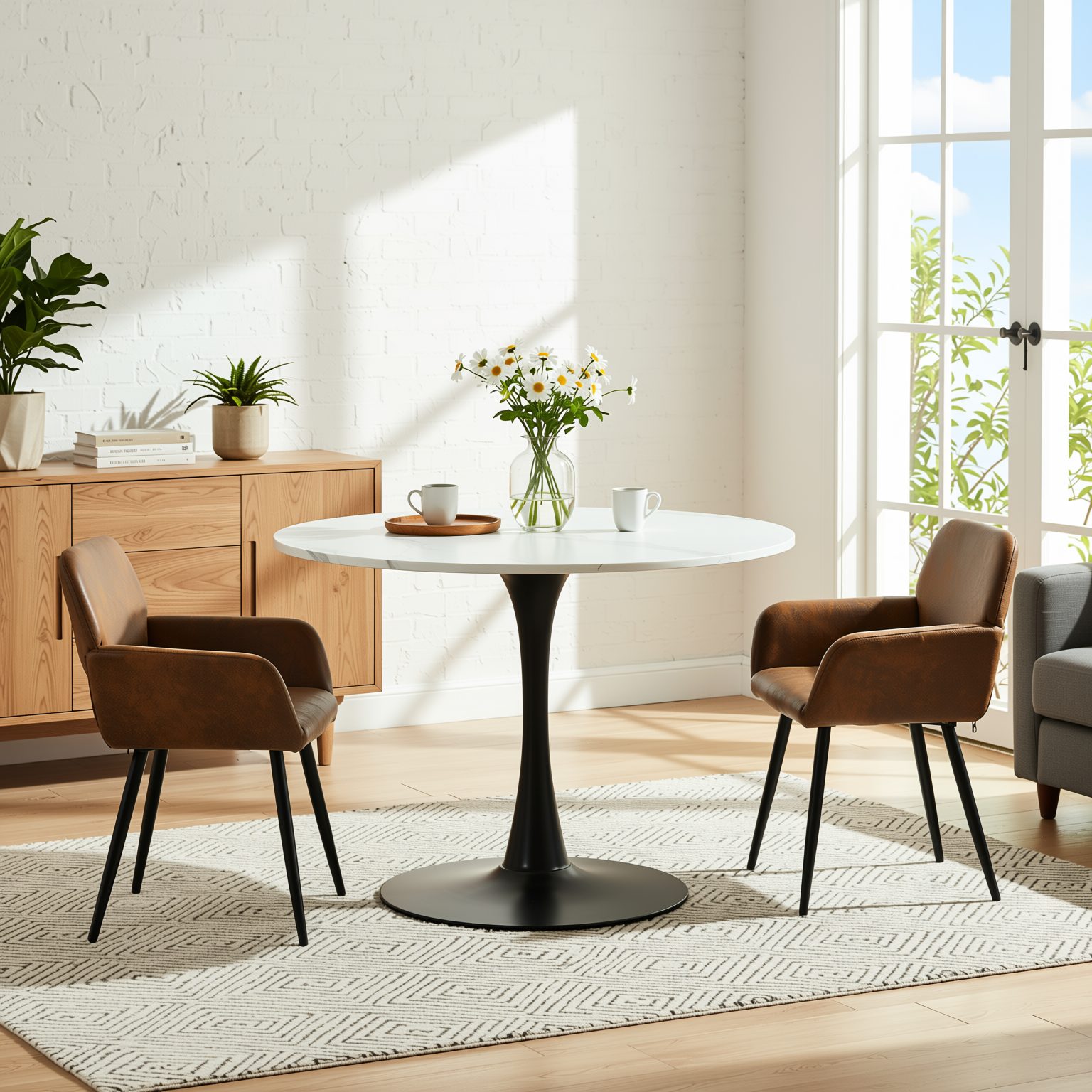 Homy Casa Clift 3PC Dining Set 39.4” Square White Marble Table with 2 Mayfair Suede Brown Chairs, Black Base