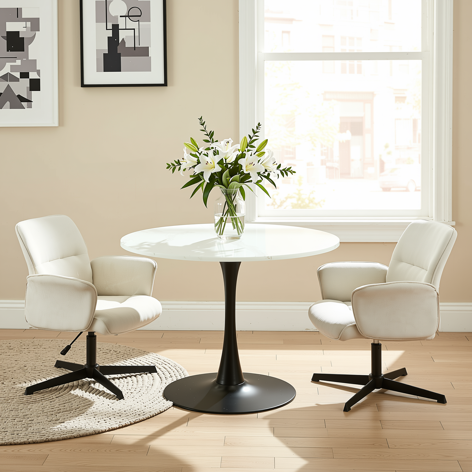 Homy Casa Clift 3PC Dining Set 39.4” Square White Marble Table with 2 Thomasina Beige Chenille Swivel Chairs, Black Base