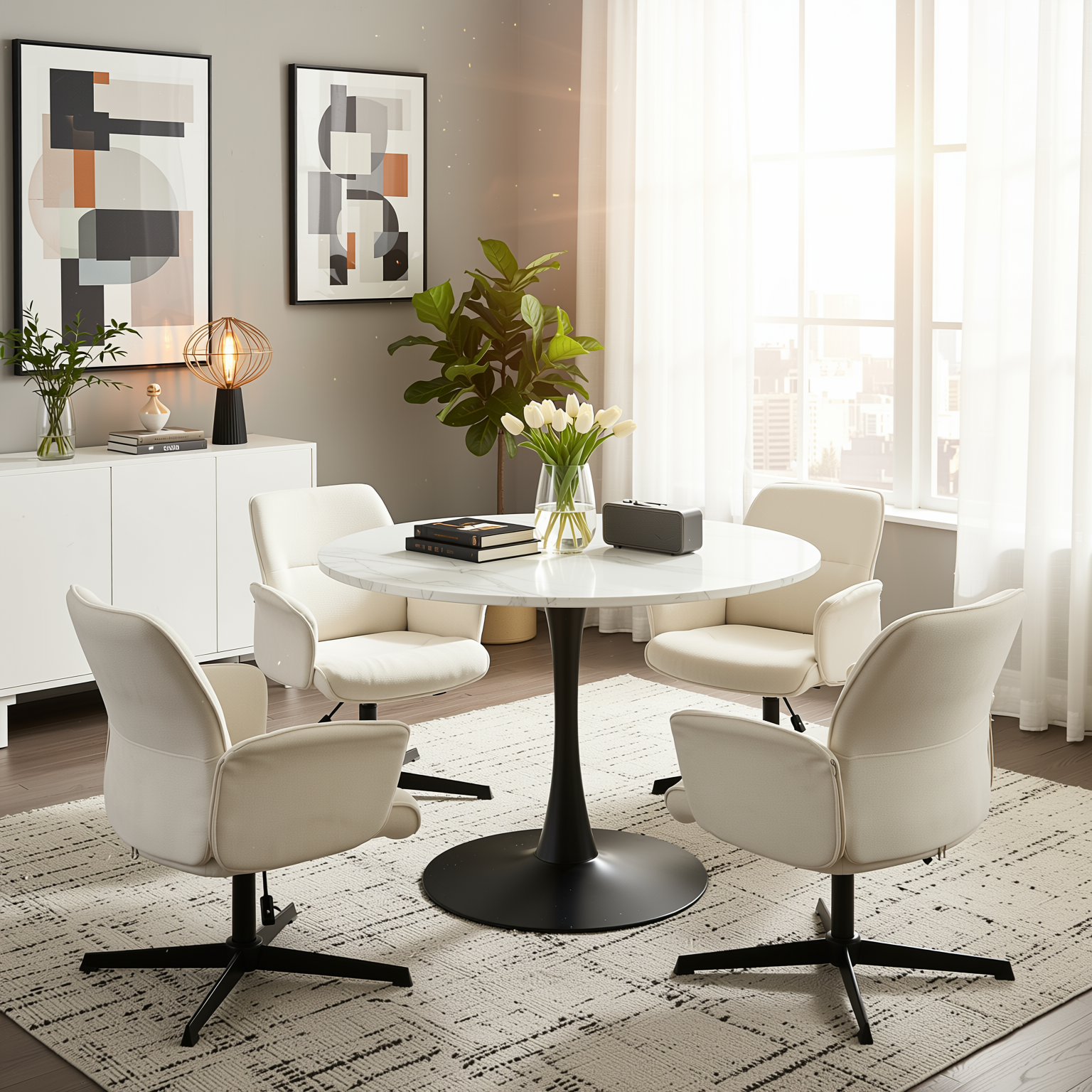 Homy Casa Clift 5PC Dining Set 39.4” Square White Marble Table with 4 Thomasina Beige Chenille Swivel Chairs, Black Base