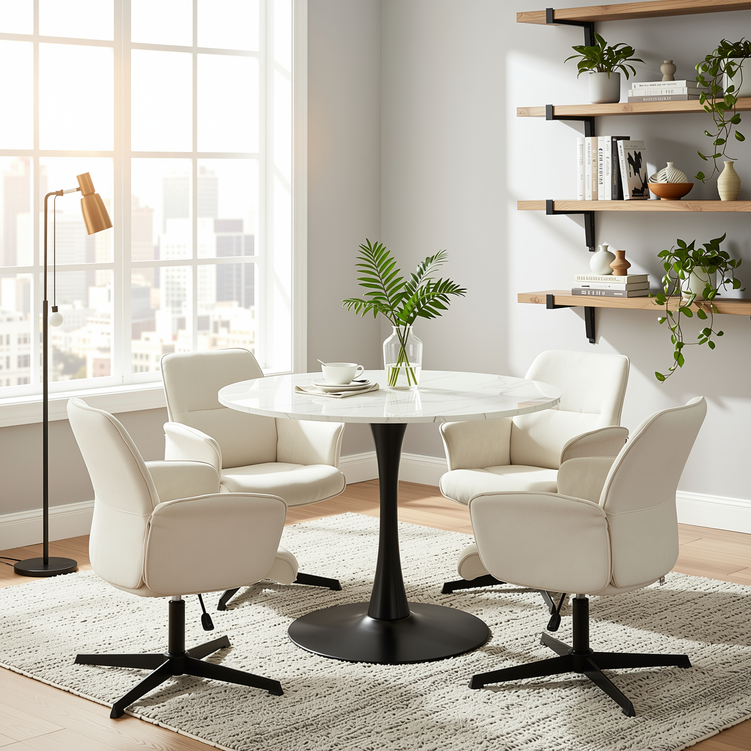 Homy Casa Clift 5PC Dining Set 39.4” Square White Marble Table with 4 Thomasina Beige Chenille Swivel Chairs, Black Base