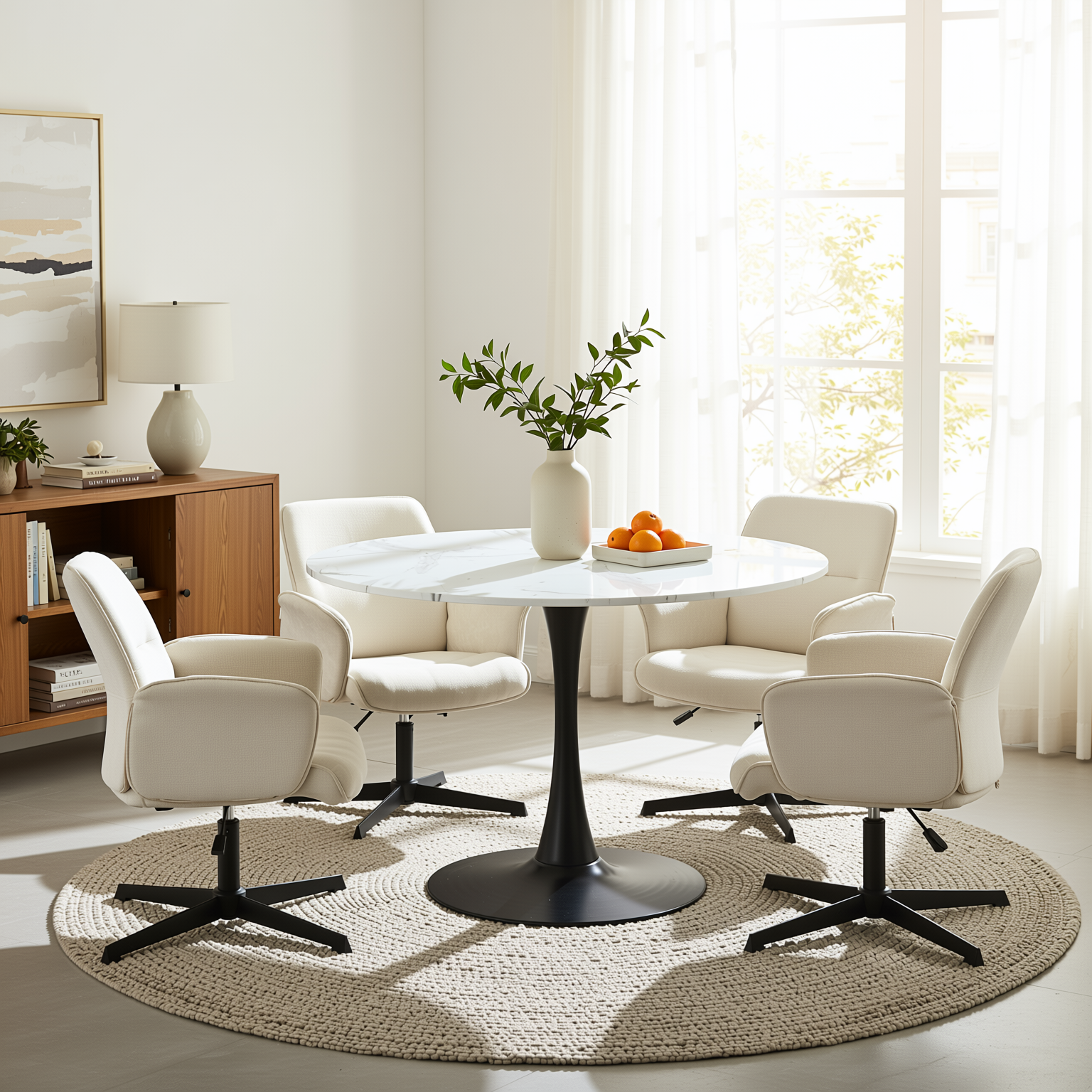 Homy Casa Clift 5PC Dining Set 39.4” Square White Marble Table with 4 Thomasina Beige Chenille Swivel Chairs, Black Base