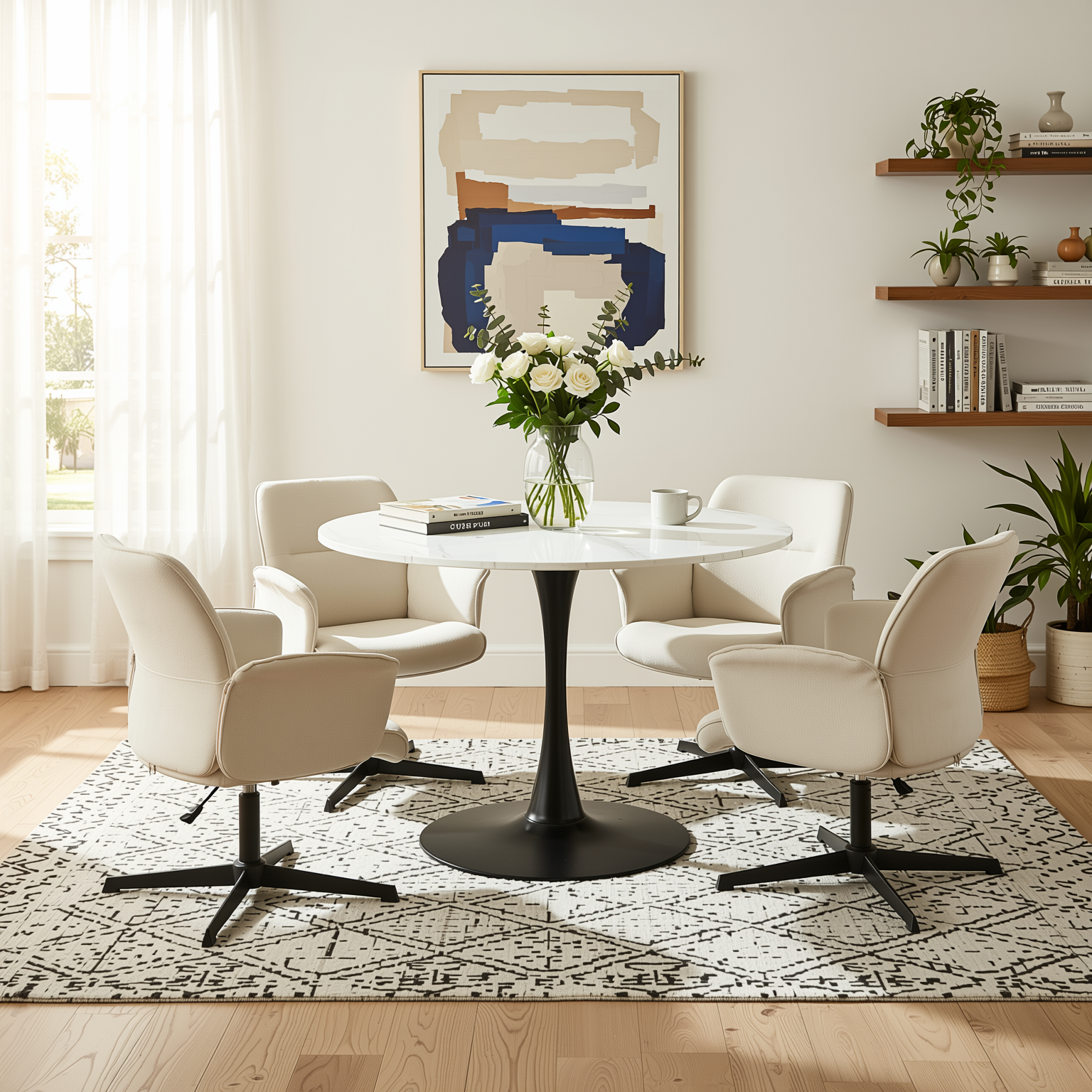Homy Casa Clift 5PC Dining Set 39.4” Square White Marble Table with 4 Thomasina Beige Chenille Swivel Chairs, Black Base