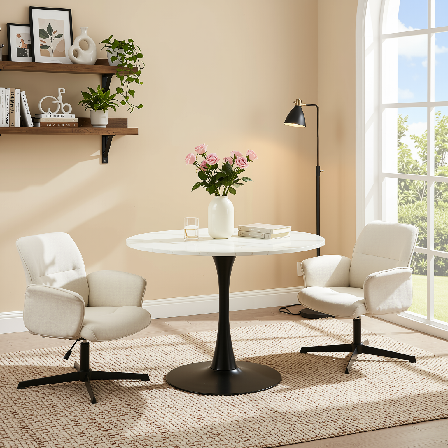 Homy Casa Clift 3PC Dining Set 39.4” Square White Marble Table with 2 Thomasina Beige Chenille Swivel Chairs, Black Base