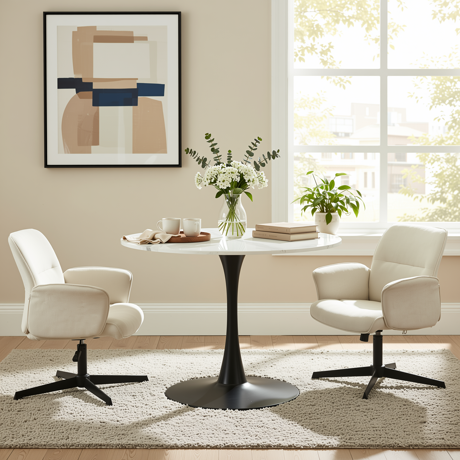 Homy Casa Clift 3PC Dining Set 39.4” Square White Marble Table with 2 Thomasina Beige Chenille Swivel Chairs, Black Base