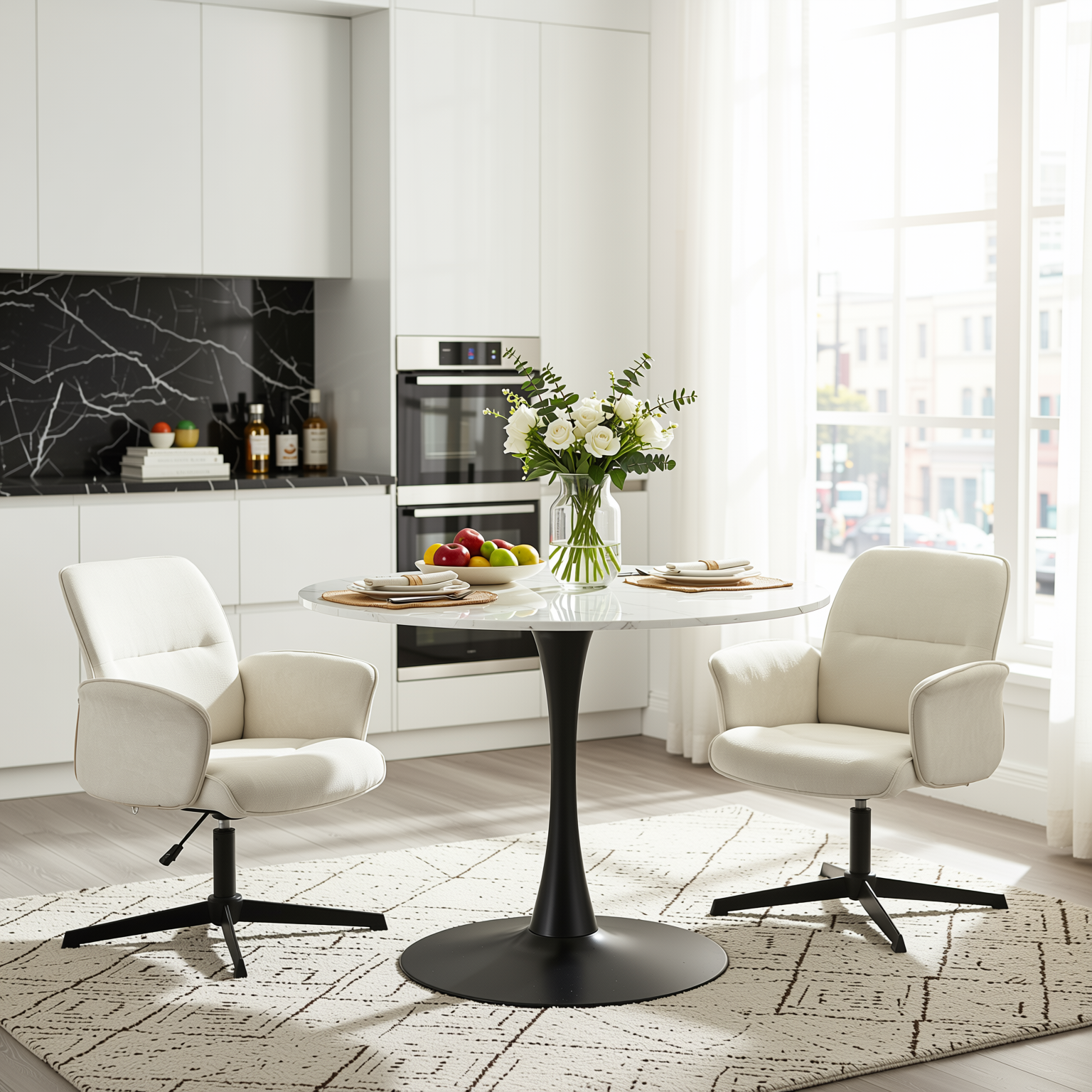 Homy Casa Clift 3PC Dining Set 39.4” Square White Marble Table with 2 Thomasina Beige Chenille Swivel Chairs, Black Base