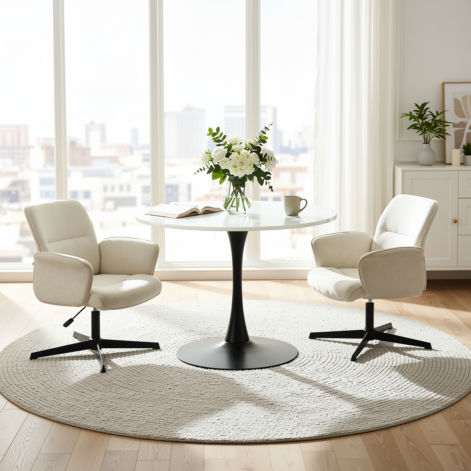 Homy Casa Clift 3PC Dining Set 39.4” Square White Marble Table with 2 Thomasina Beige Chenille Swivel Chairs, Black Base