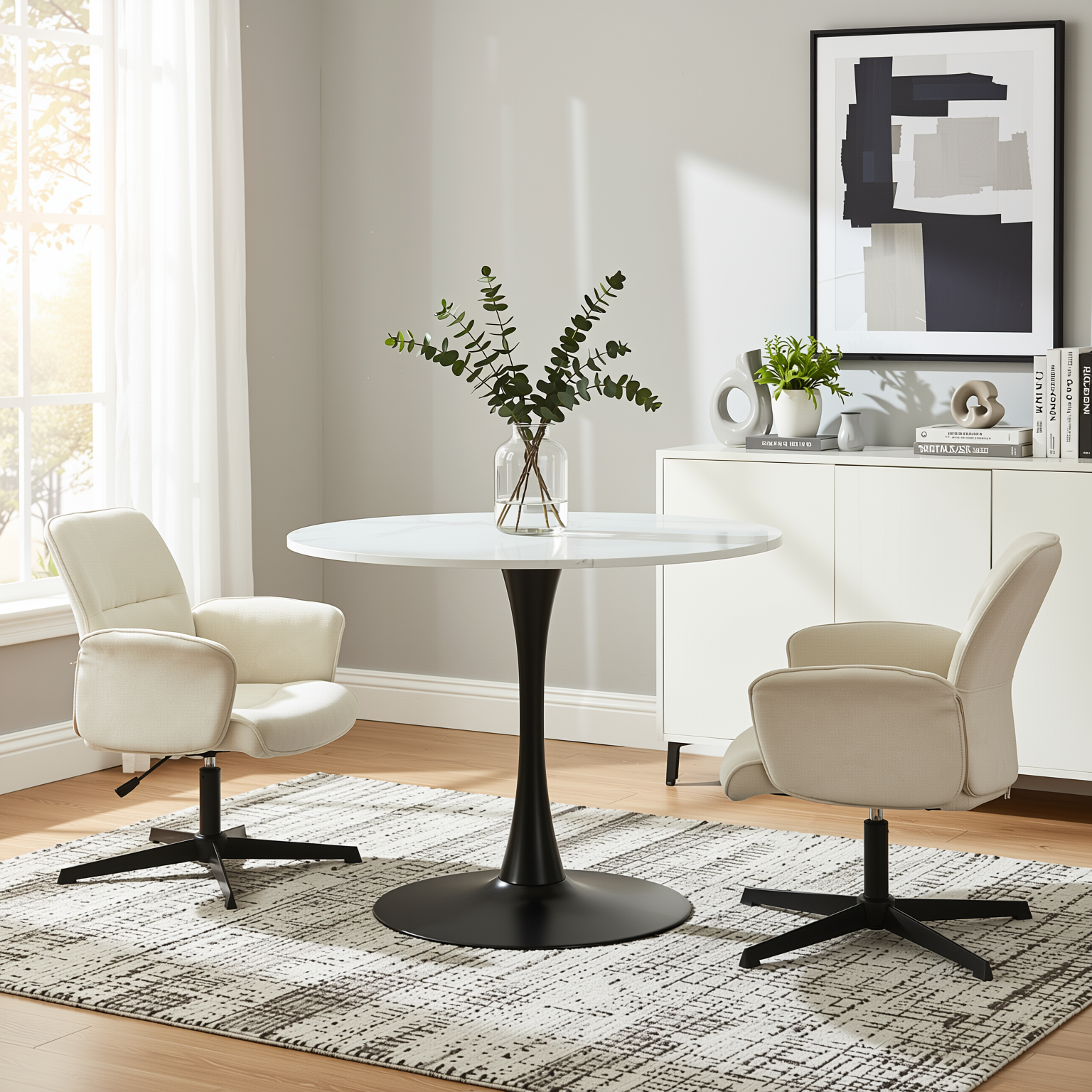 Homy Casa Clift 3PC Dining Set 39.4” Square White Marble Table with 2 Thomasina Beige Chenille Swivel Chairs, Black Base