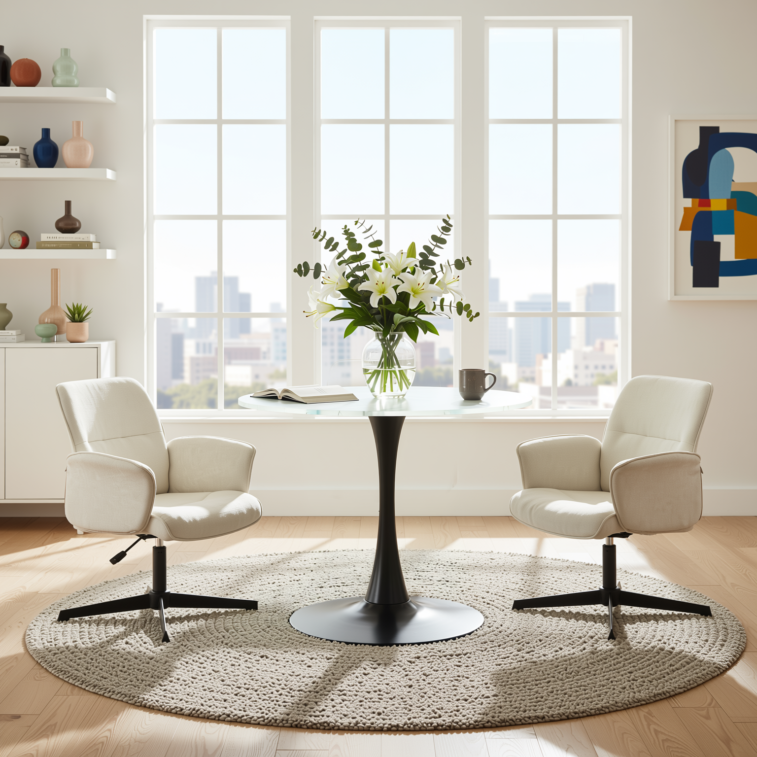 Homy Casa Clift 3PC Dining Set 39.4” Square White Marble Table with 2 Thomasina Beige Chenille Swivel Chairs, Black Base