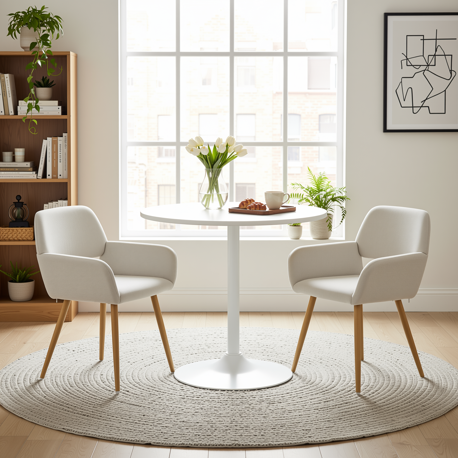 Homy Casa CLIFT+MAYFAIR 3PC Dining Set 31.5” Round White Table with 2 MAYFAIR Beige Upholstered Chairs Open Box