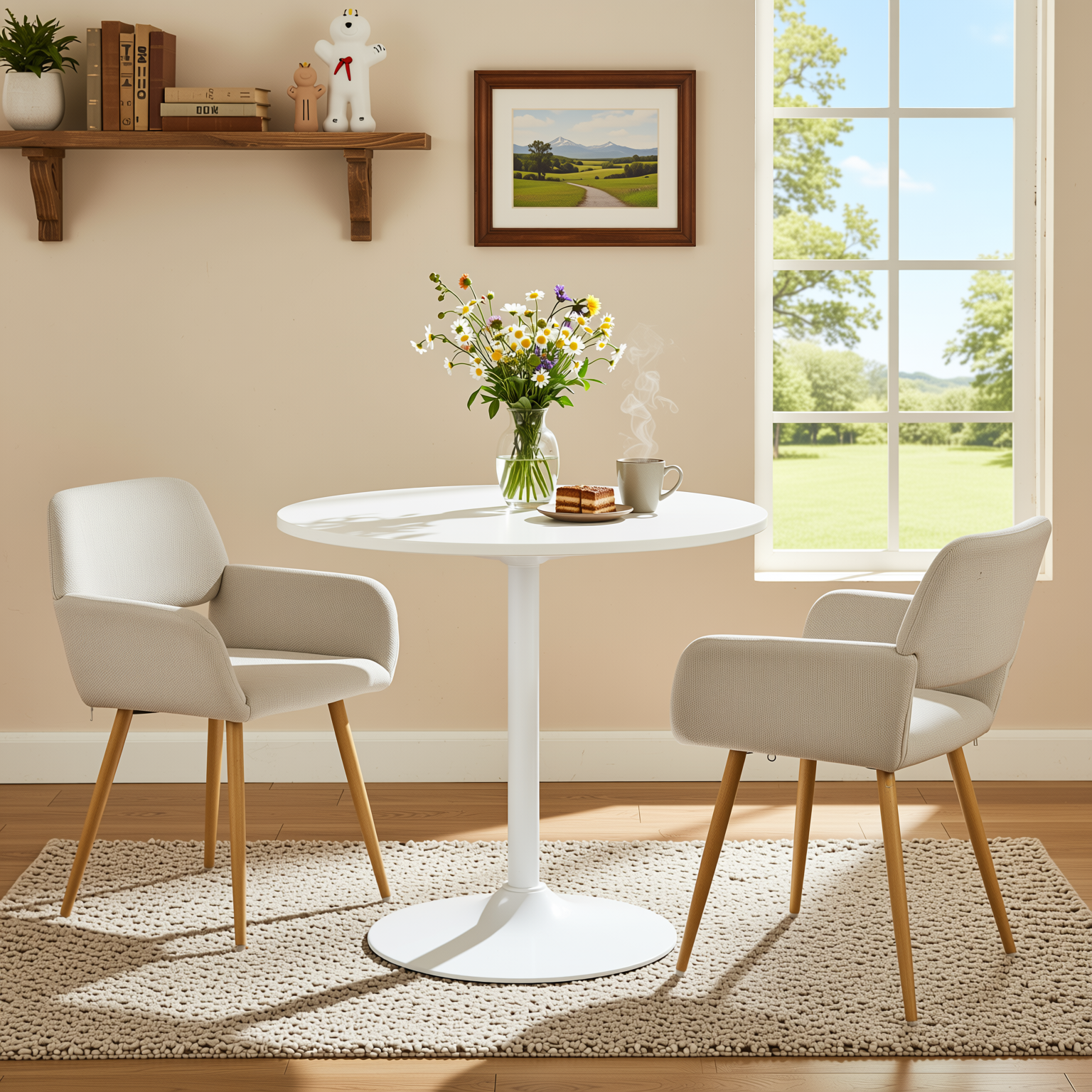 Homy Casa CLIFT+MAYFAIR 3PC Dining Set 31.5” Round White Table with 2 MAYFAIR Beige Upholstered Chairs Open Box