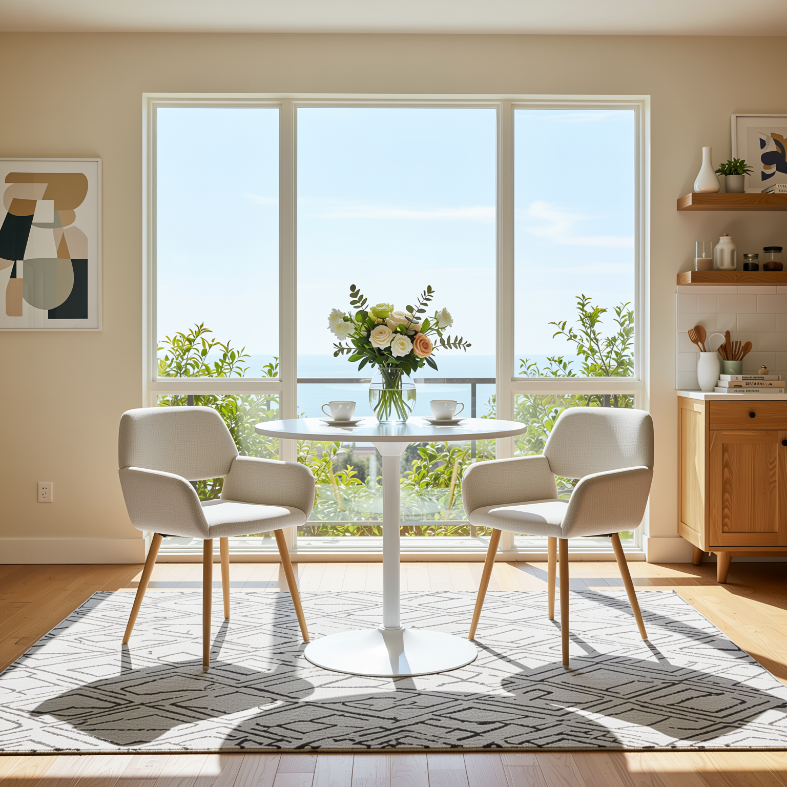 Homy Casa CLIFT+MAYFAIR 3PC Dining Set 31.5” Round White Table with 2 MAYFAIR Beige Upholstered Chairs Open Box