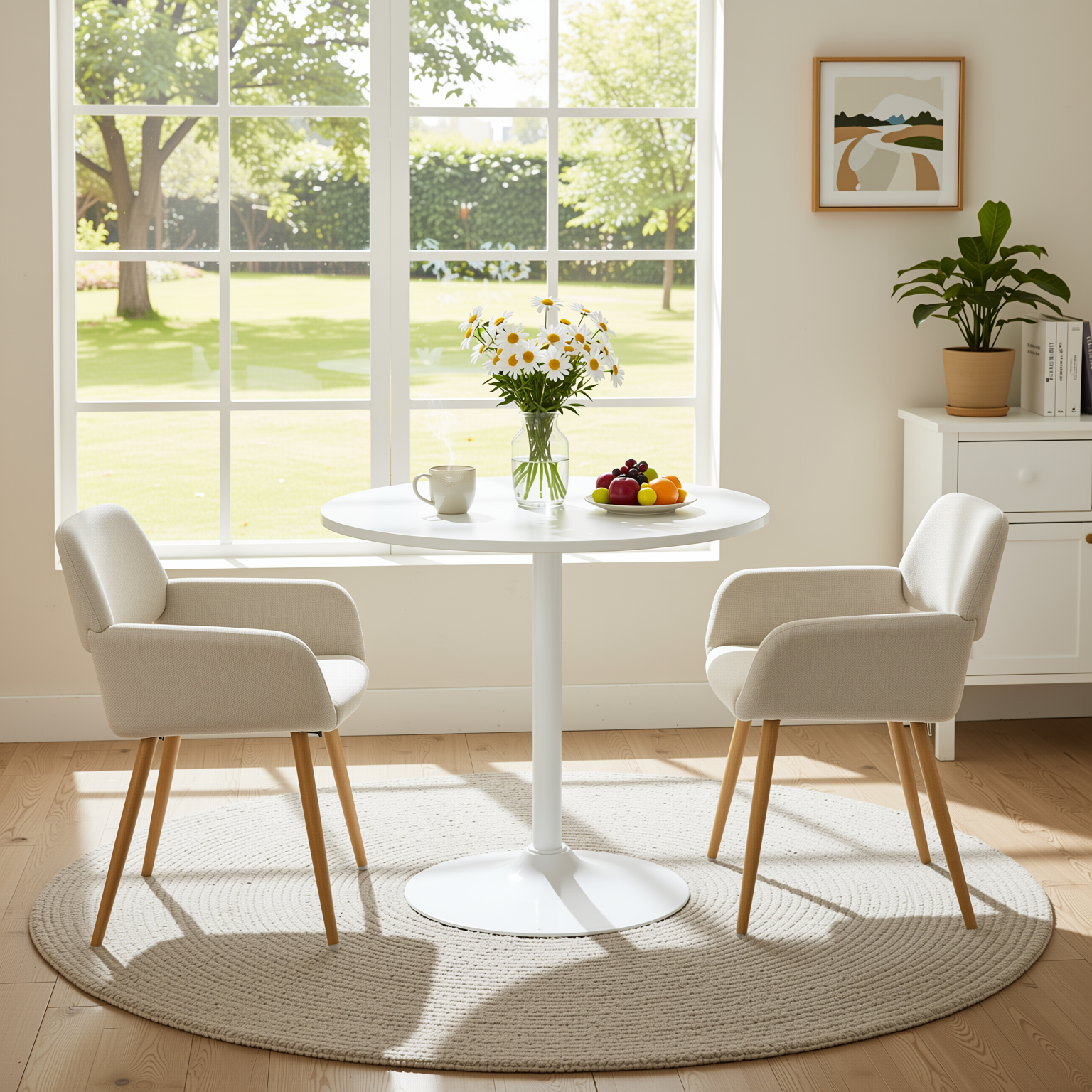 Homy Casa CLIFT+MAYFAIR 3PC Dining Set 31.5” Round White Table with 2 MAYFAIR Beige Upholstered Chairs Open Box